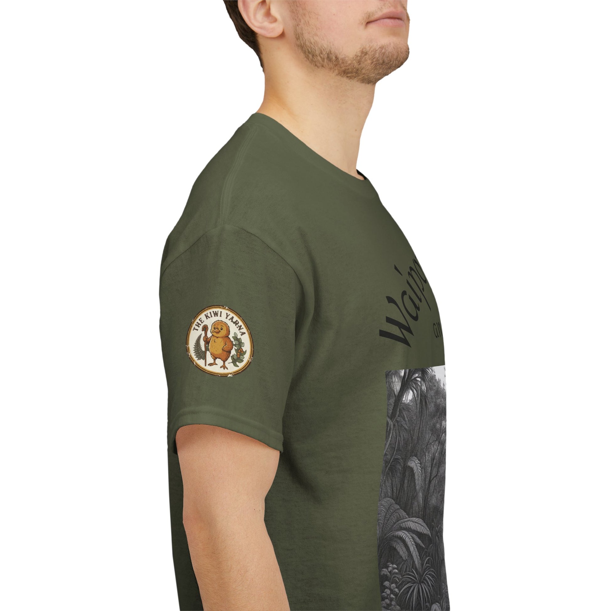 Olive graphic T-shirt with circular chest logo and partial sleeve forest photo print
