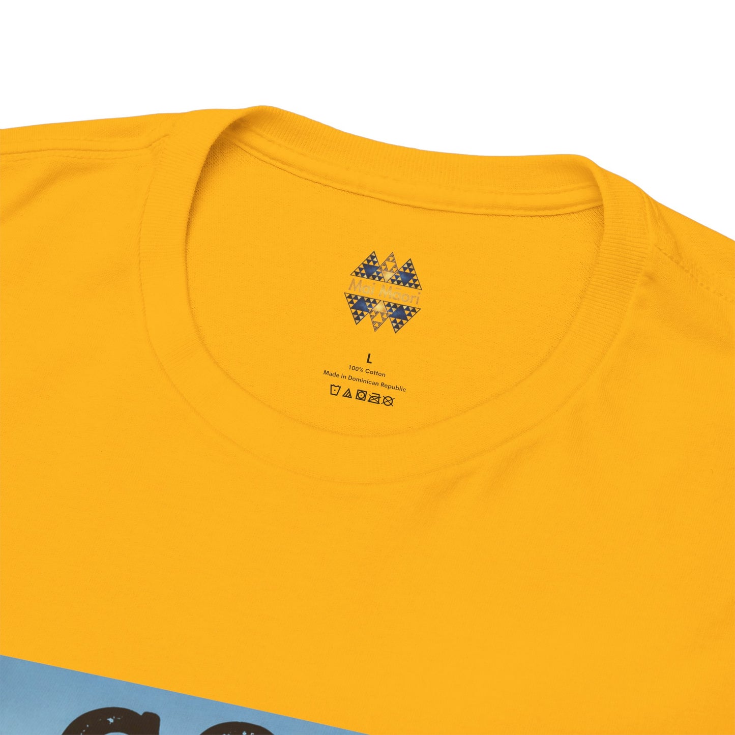 Mustard yellow crew-neck T-shirt with small chest logo under geometric emblem