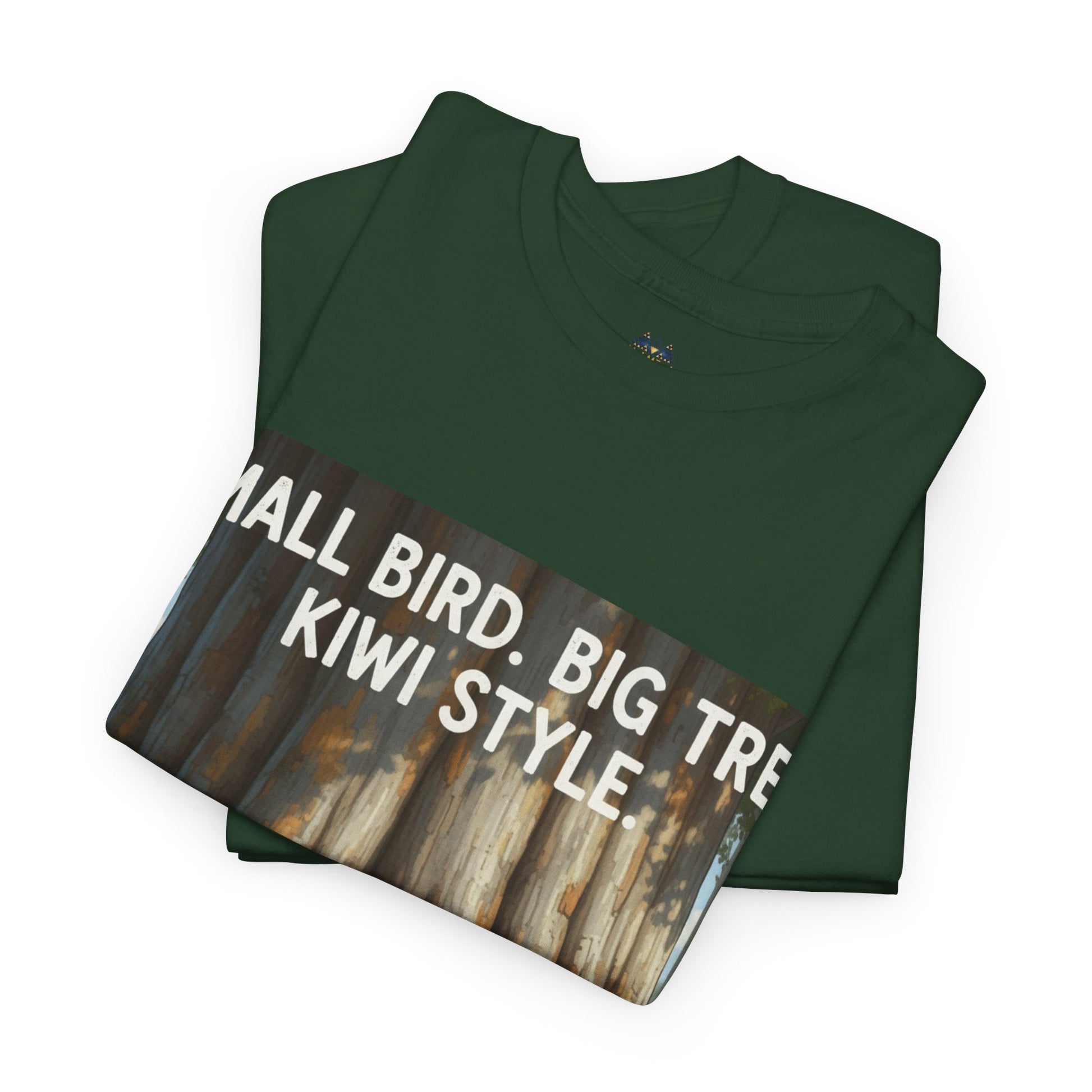 Dark green graphic t-shirt laid flat with partial front text: Small Bird Big Tree Kiwi Style