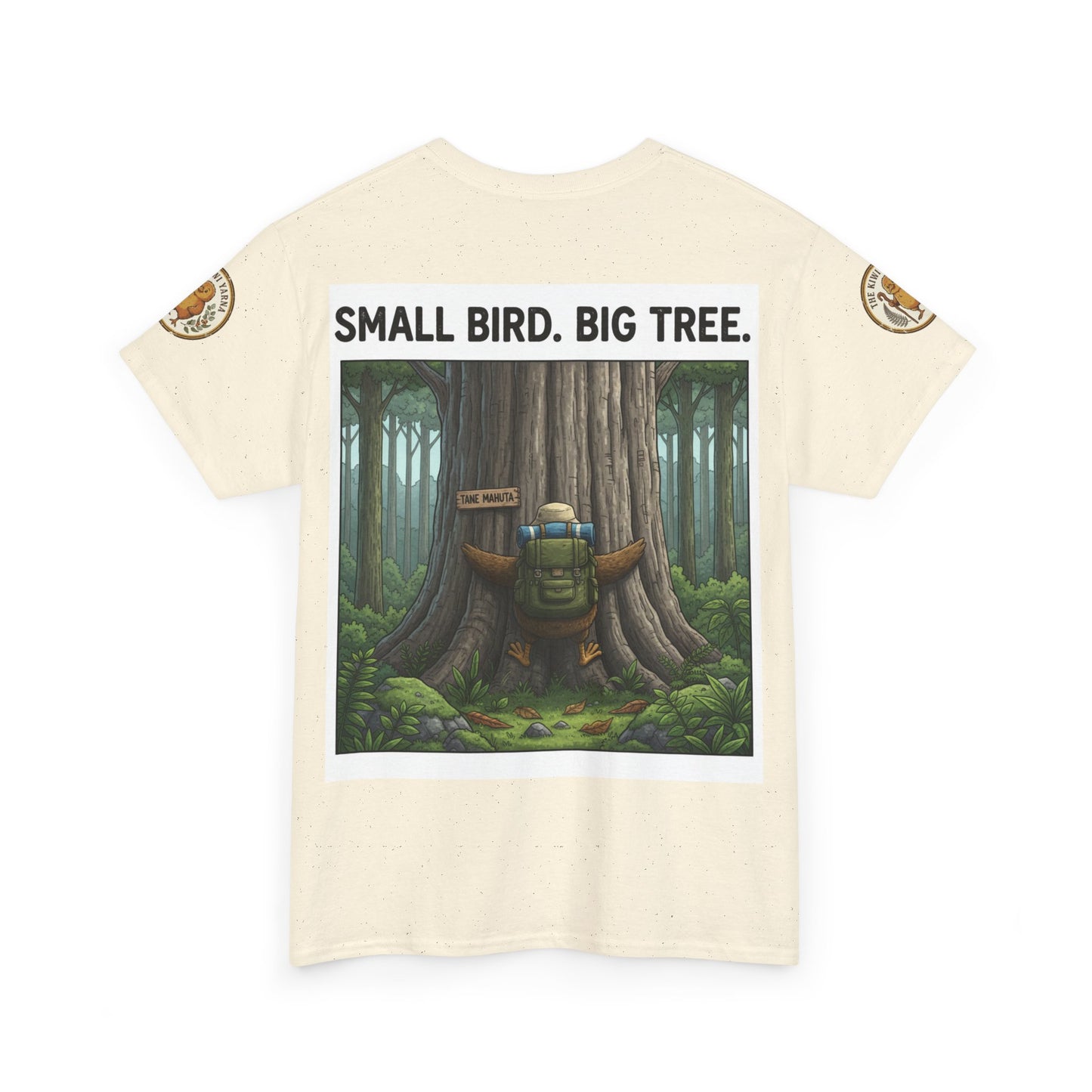 Ivory graphic crewneck T-shirt with centered forest scene print and tree slogan