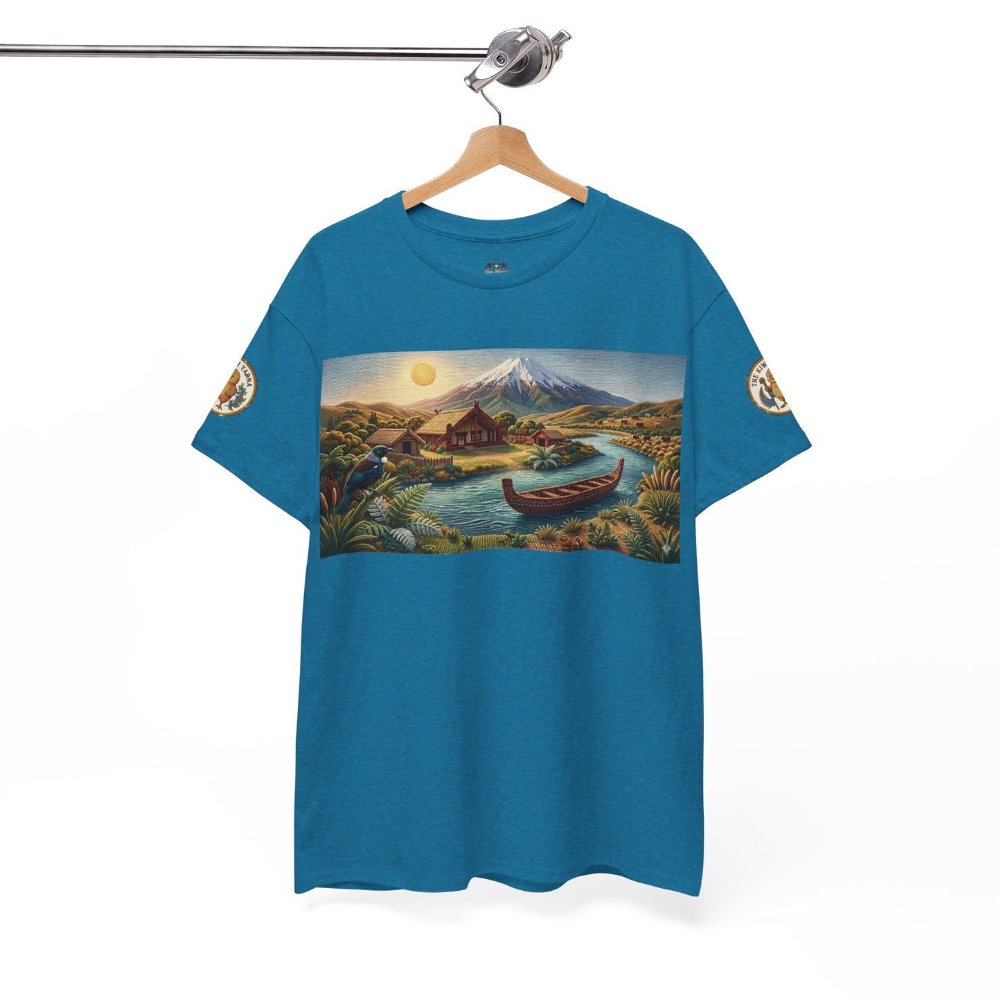 Teal short-sleeve T-shirt on hanger with rectangular landscape graphic and sleeve emblems