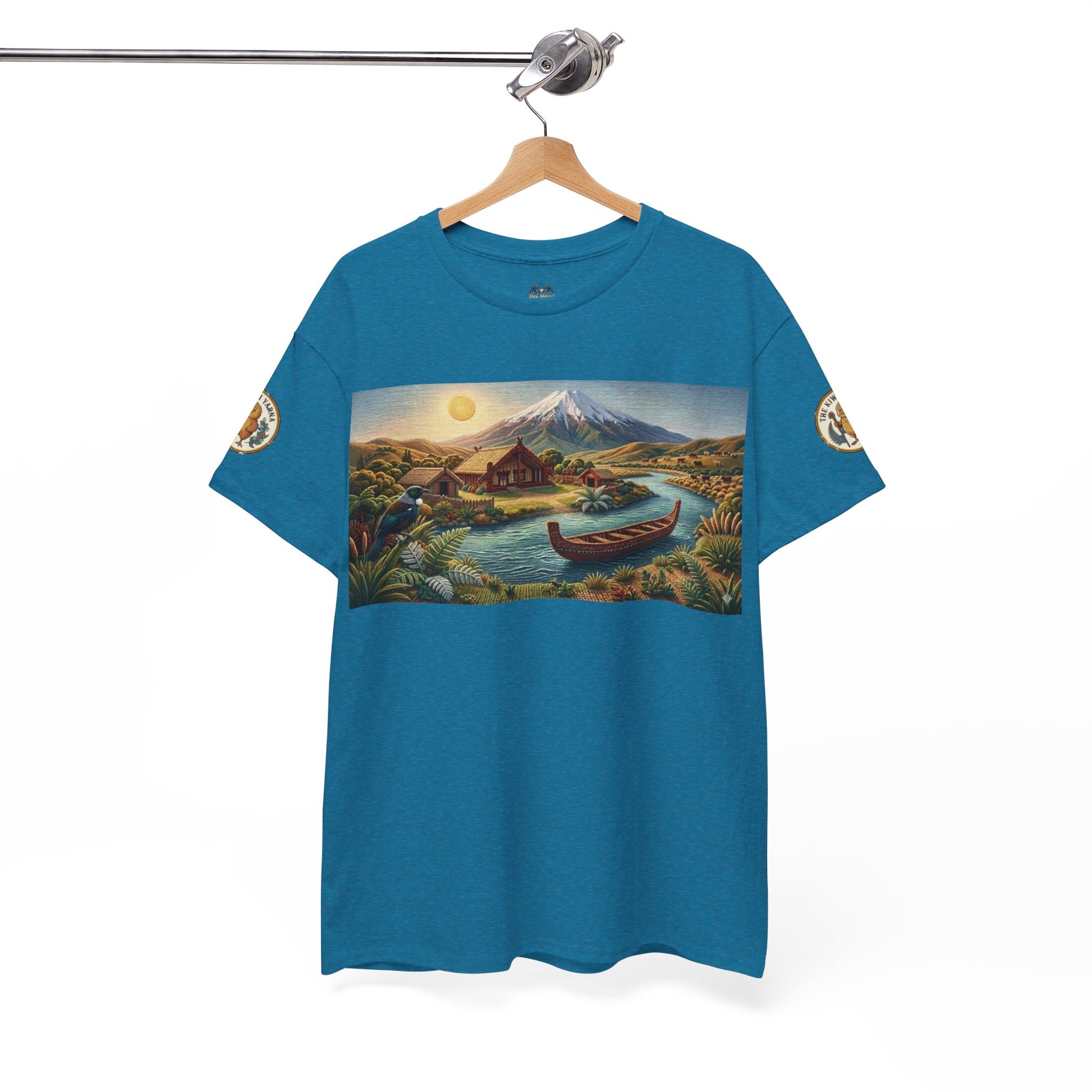Teal short-sleeve T-shirt on hanger with rectangular landscape graphic and sleeve emblems