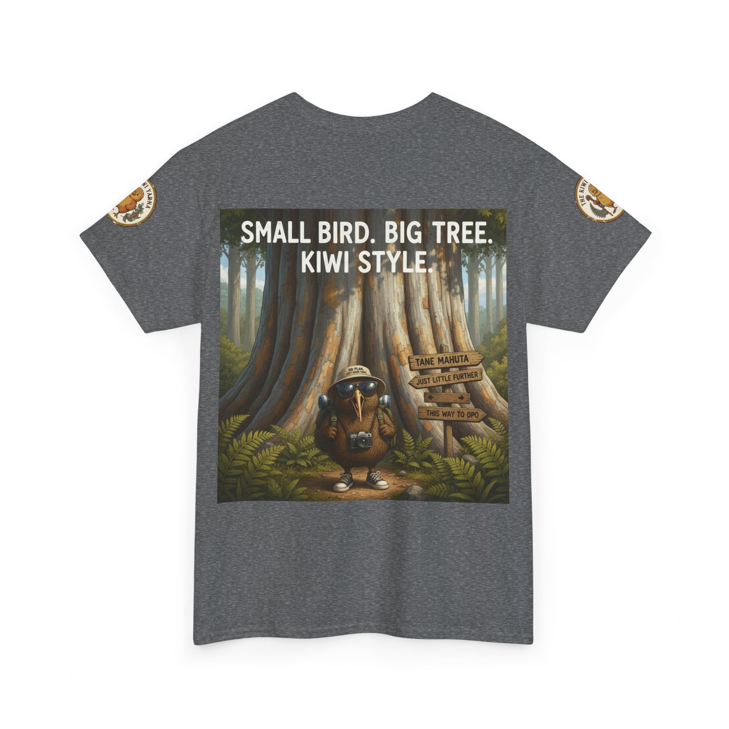 Heather gray graphic t-shirt with front print: Small Bird Big Tree Kiwi Style