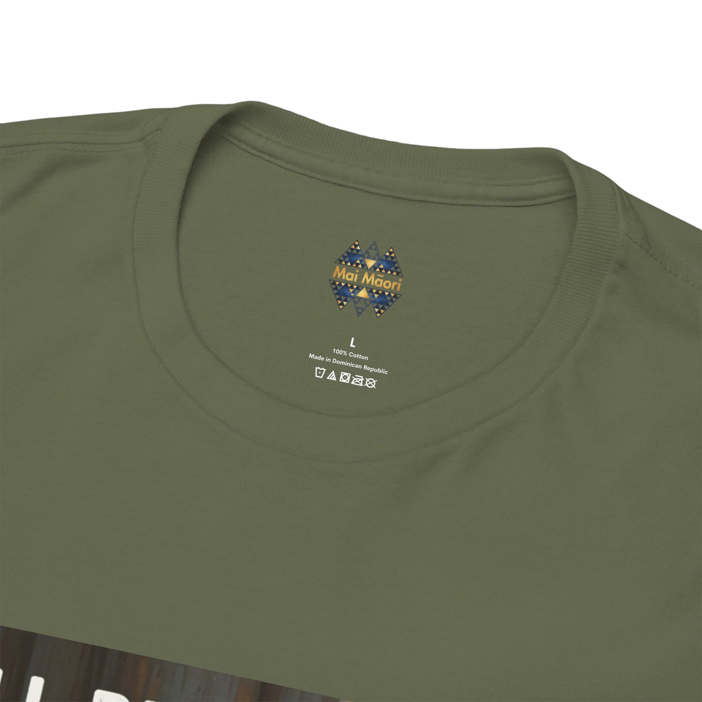 Forest green T-shirt close-up of back neck small crest logo and label