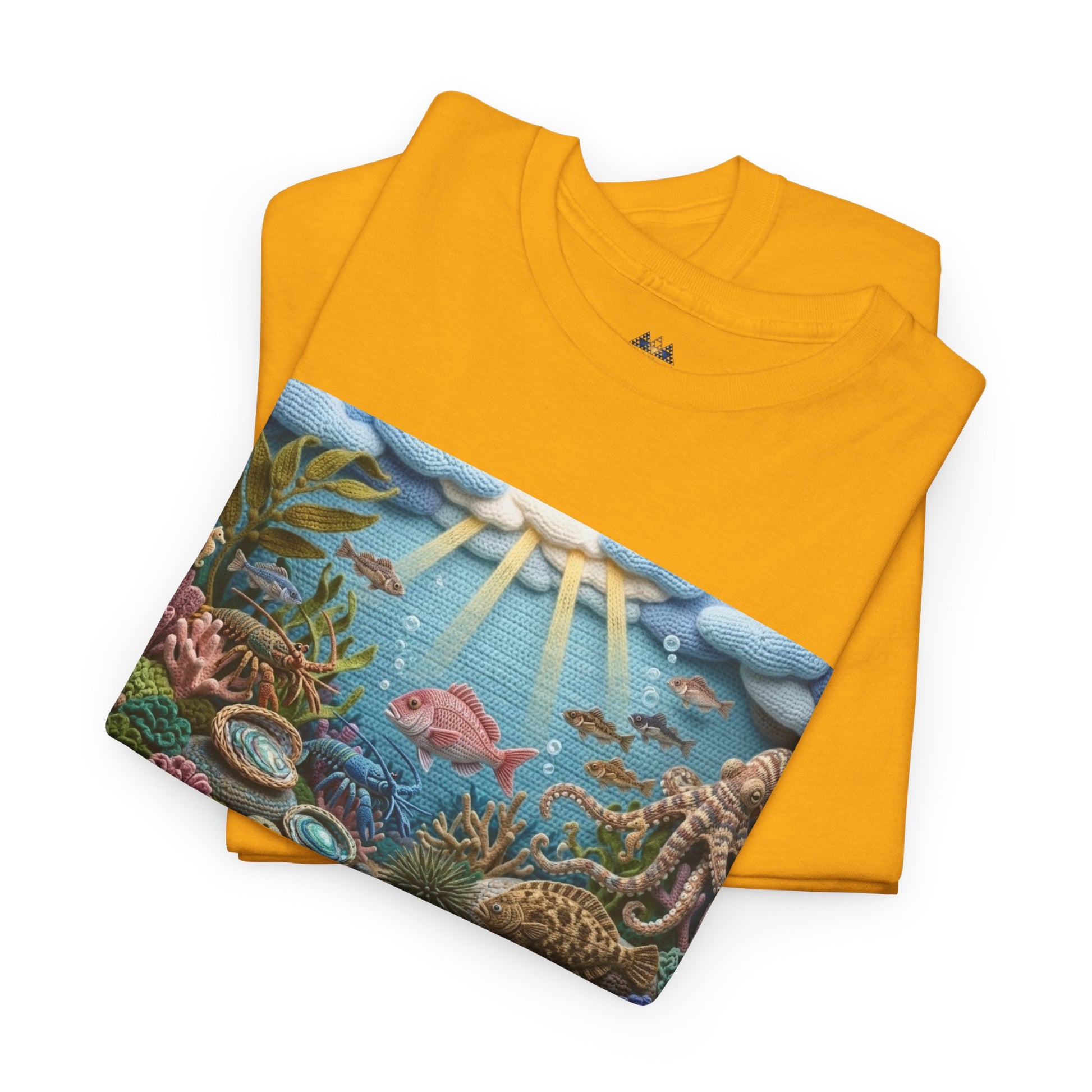 Mustard yellow graphic T-shirt with ocean reef fish print and crew neck
