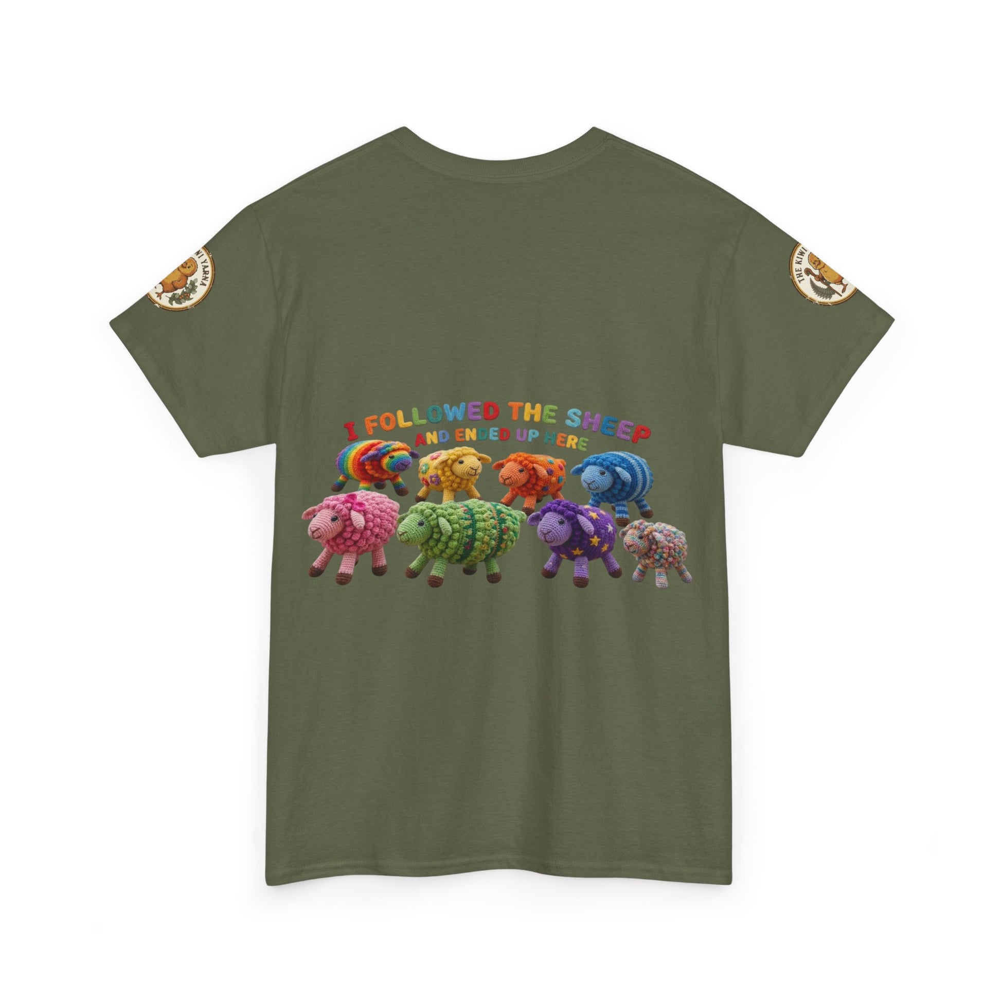 Olive green graphic T-shirt with sheep lineup across chest and round sleeve patches