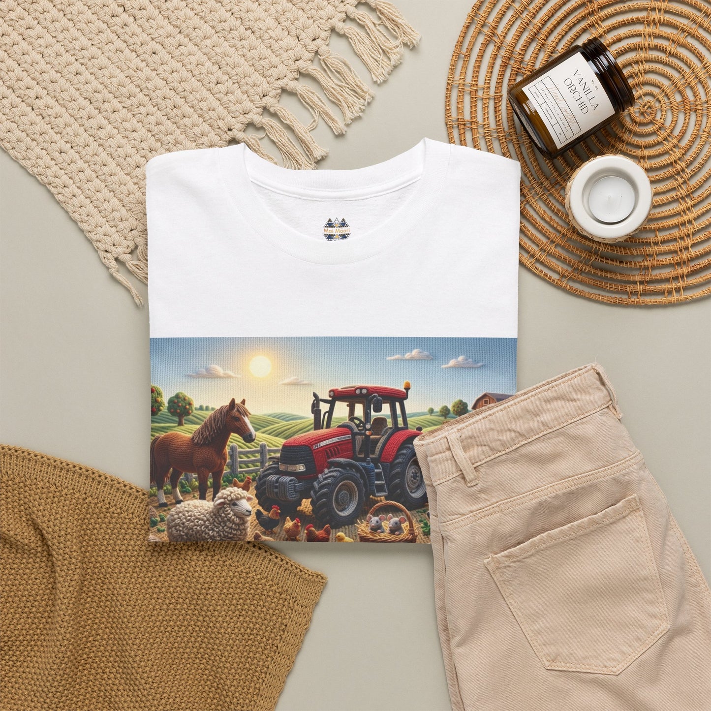 White crewneck T-shirt with farm tractor and animals graphic and small chest logo.