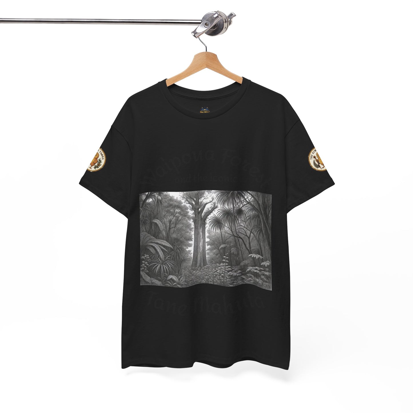 Black T-shirt with centered grayscale forest rectangle graphic and circular sleeve patches