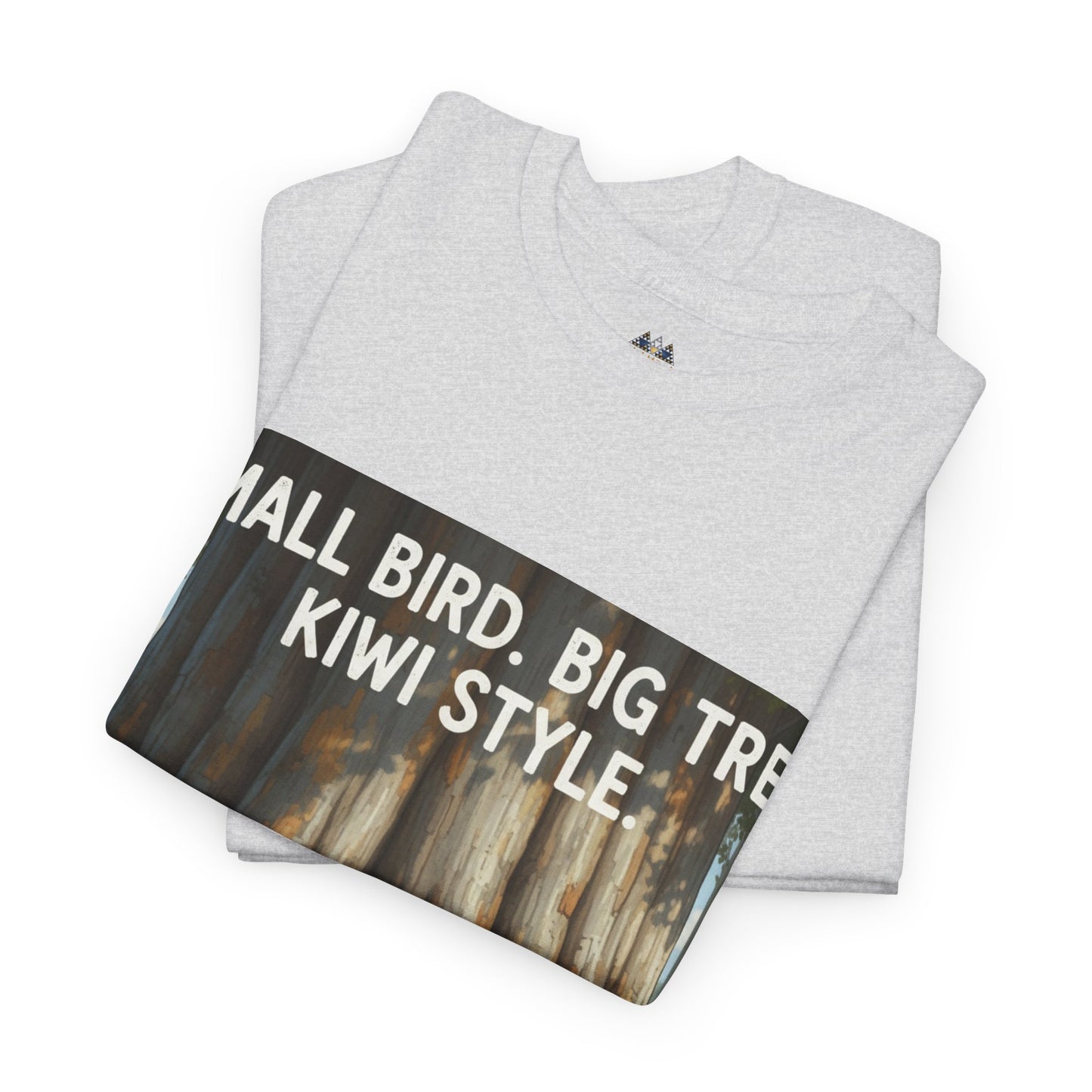 Heather gray T-shirt with large forest graphic and bold white text print on front