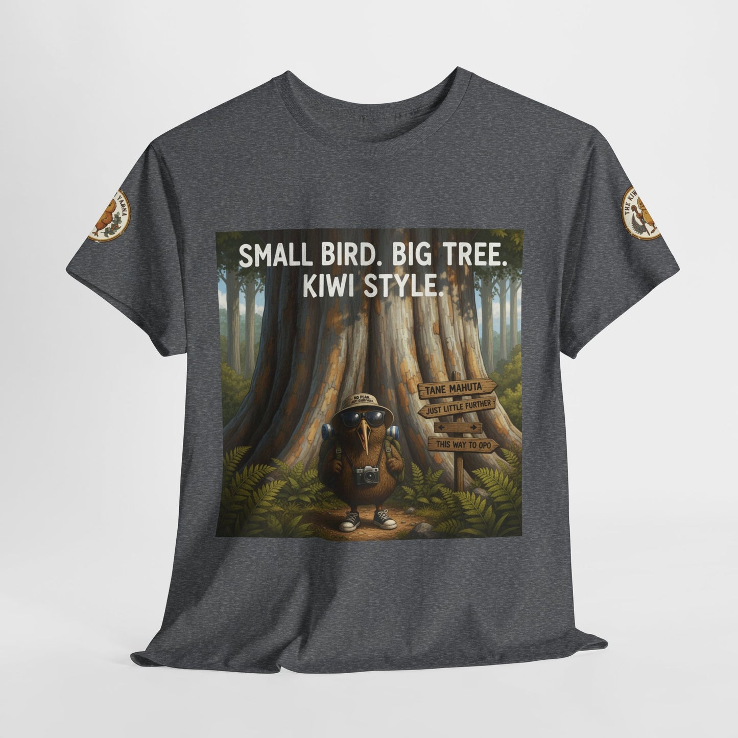 Dark gray kids graphic T-shirt with front forest scene and “Kiwi Style” text