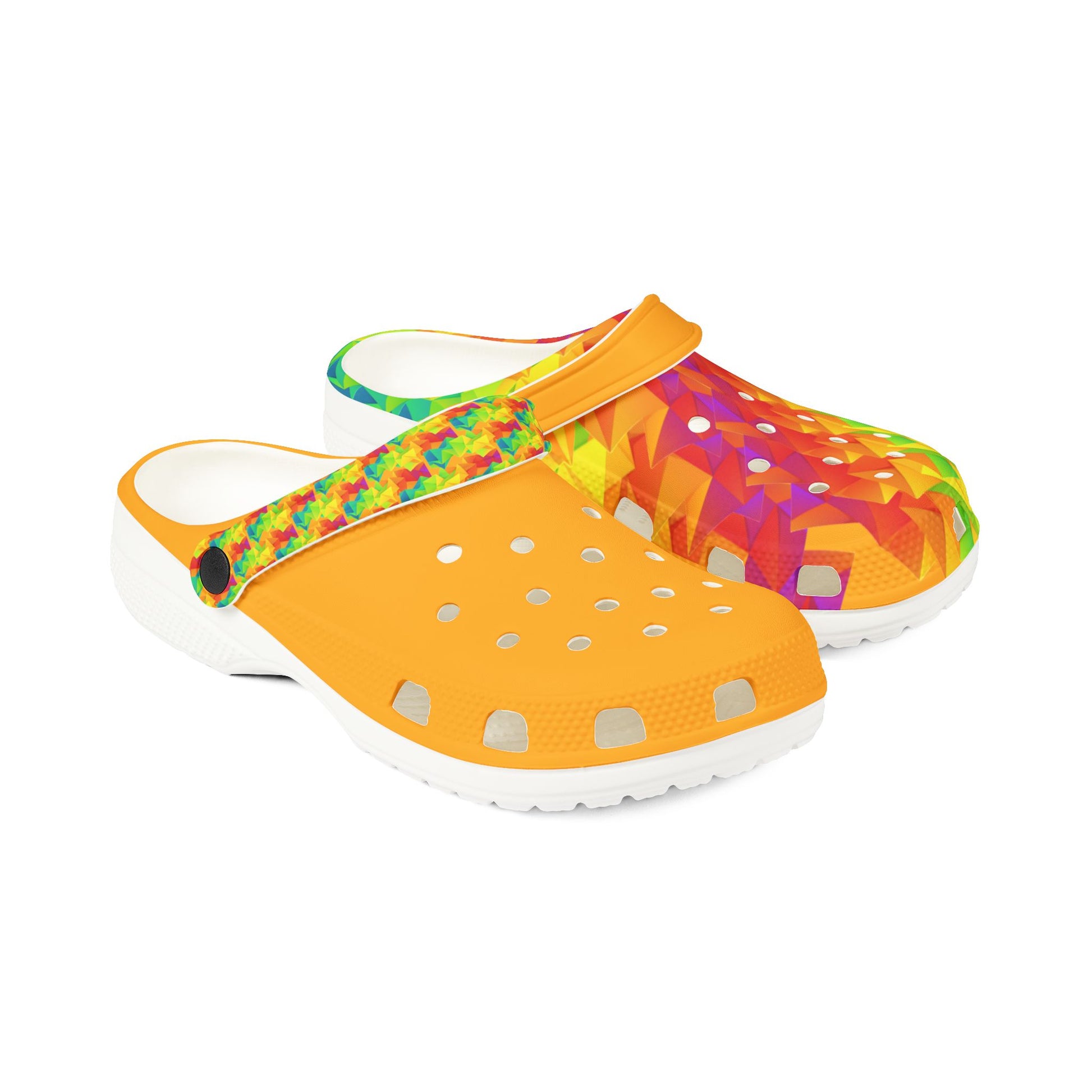Orange clog shoes with multicolor geometric strap and white perforated sole