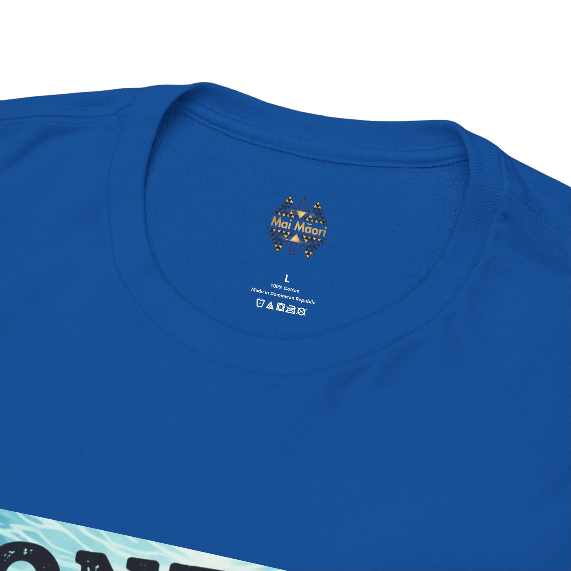 Blue crew-neck t-shirt close-up with small chest logo and ribbed collar