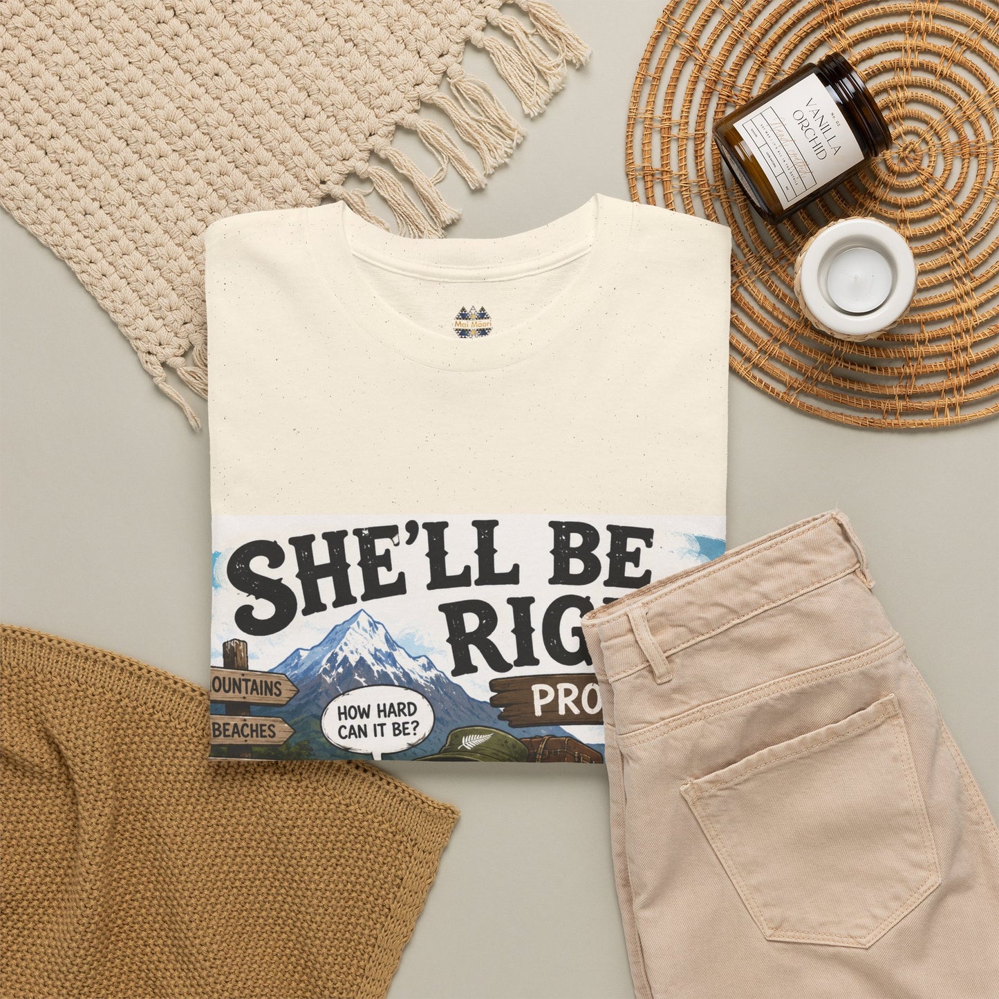 Light beige graphic T-shirt with front slogan and mountain-and-truck artwork