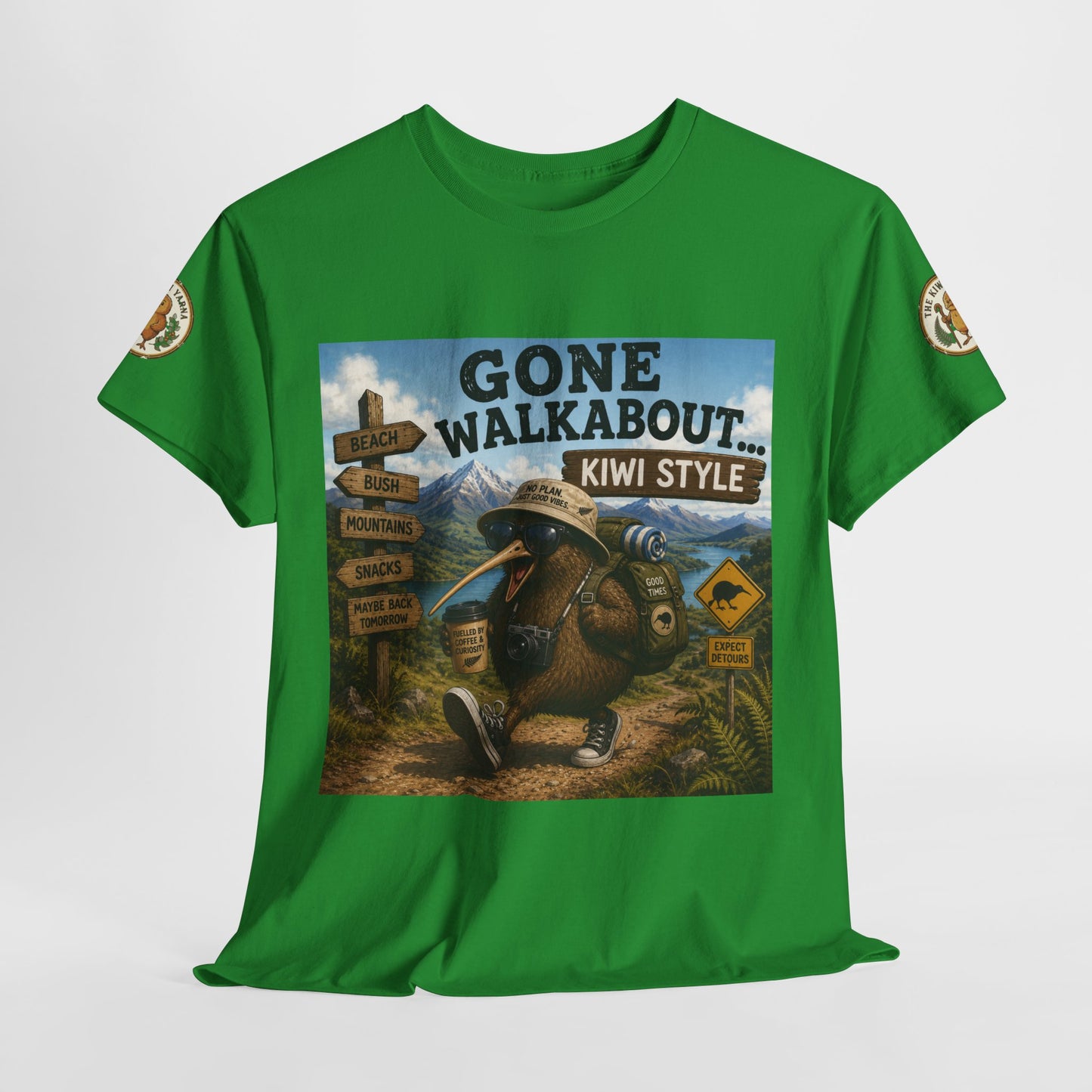Green crew-neck T-shirt with large adventure kiwi graphic front and sleeve patches