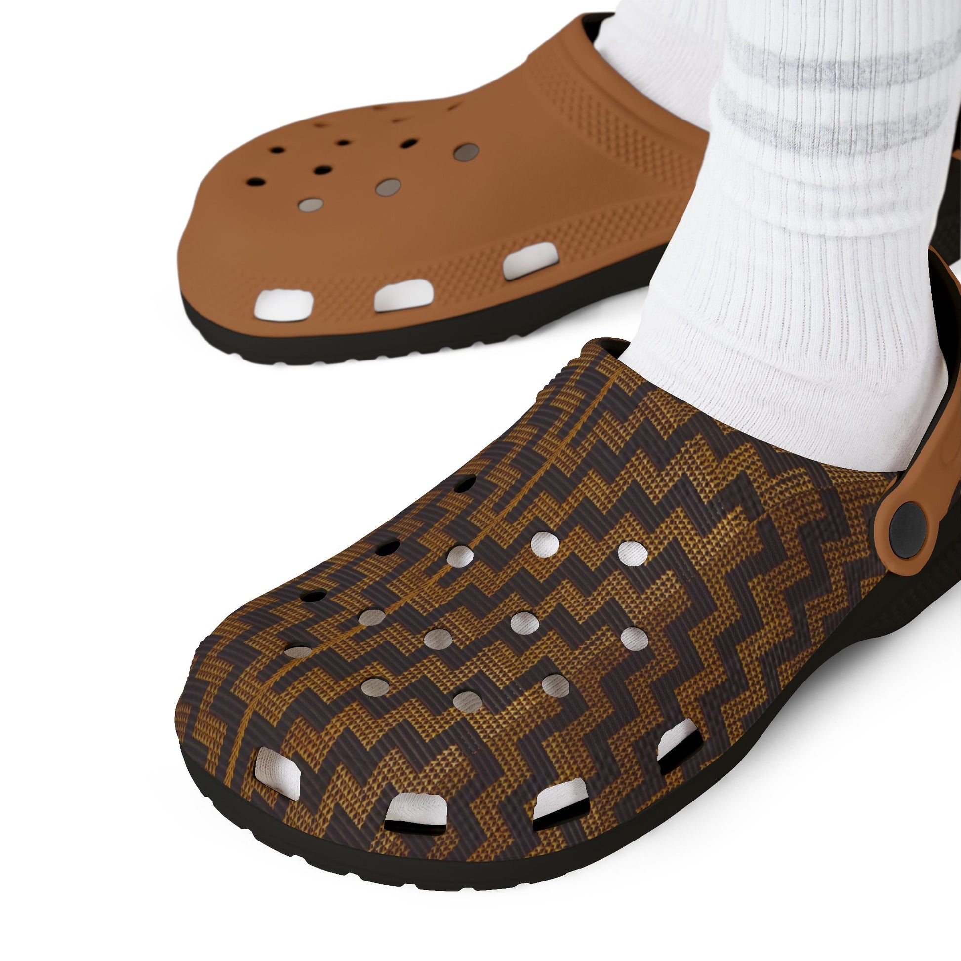 Tukutuku clog sandals worn with white socks: tan clog and brown patterned clog