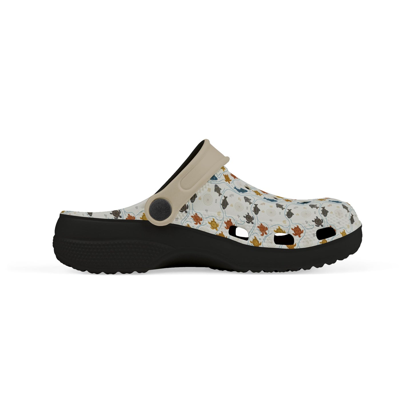 Colorful animal-print clog shoes with black outsole and beige heel strap, side view