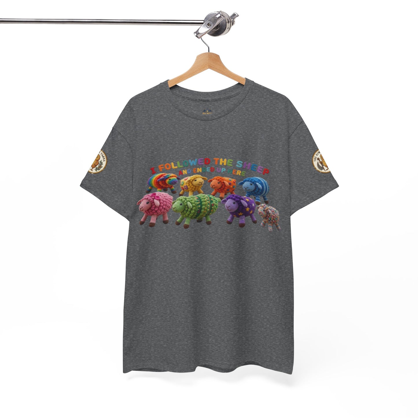 Dark heather gray crew-neck t-shirt with colorful sheep graphic across the chest