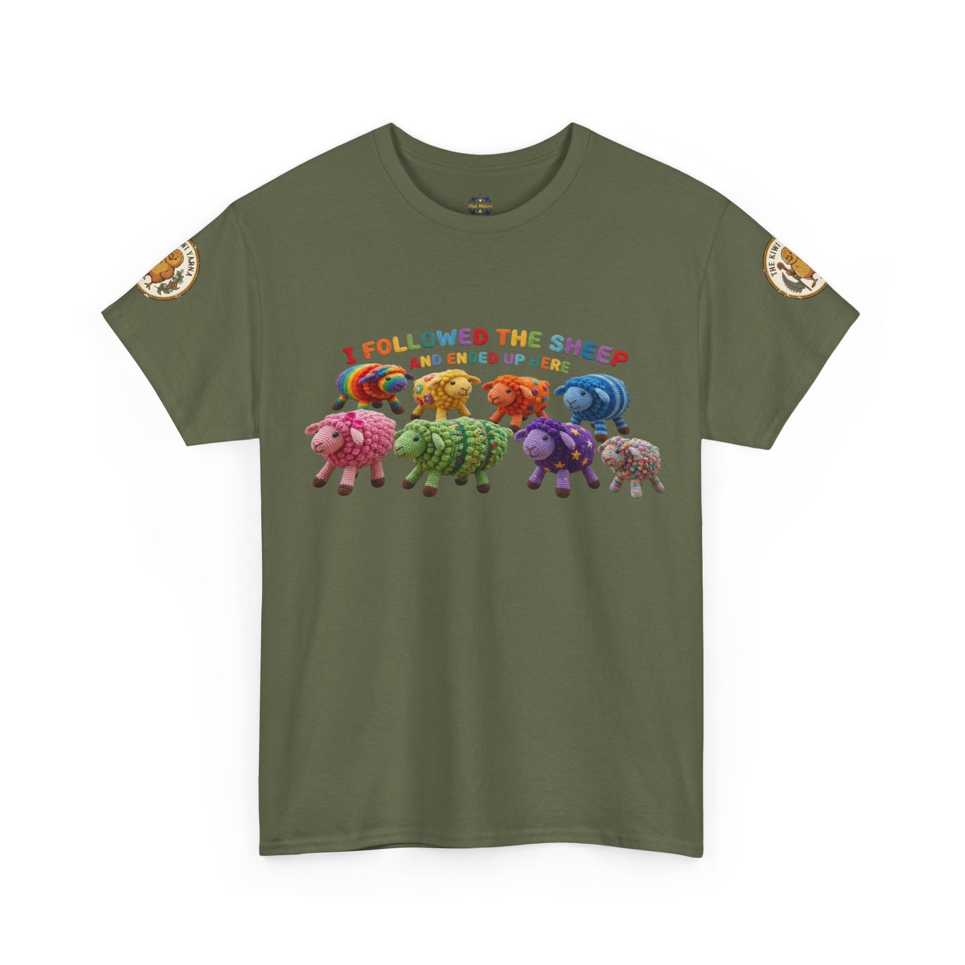 Dark green crew-neck graphic T-shirt with colorful sheep crowd print and small circular sleeve badges