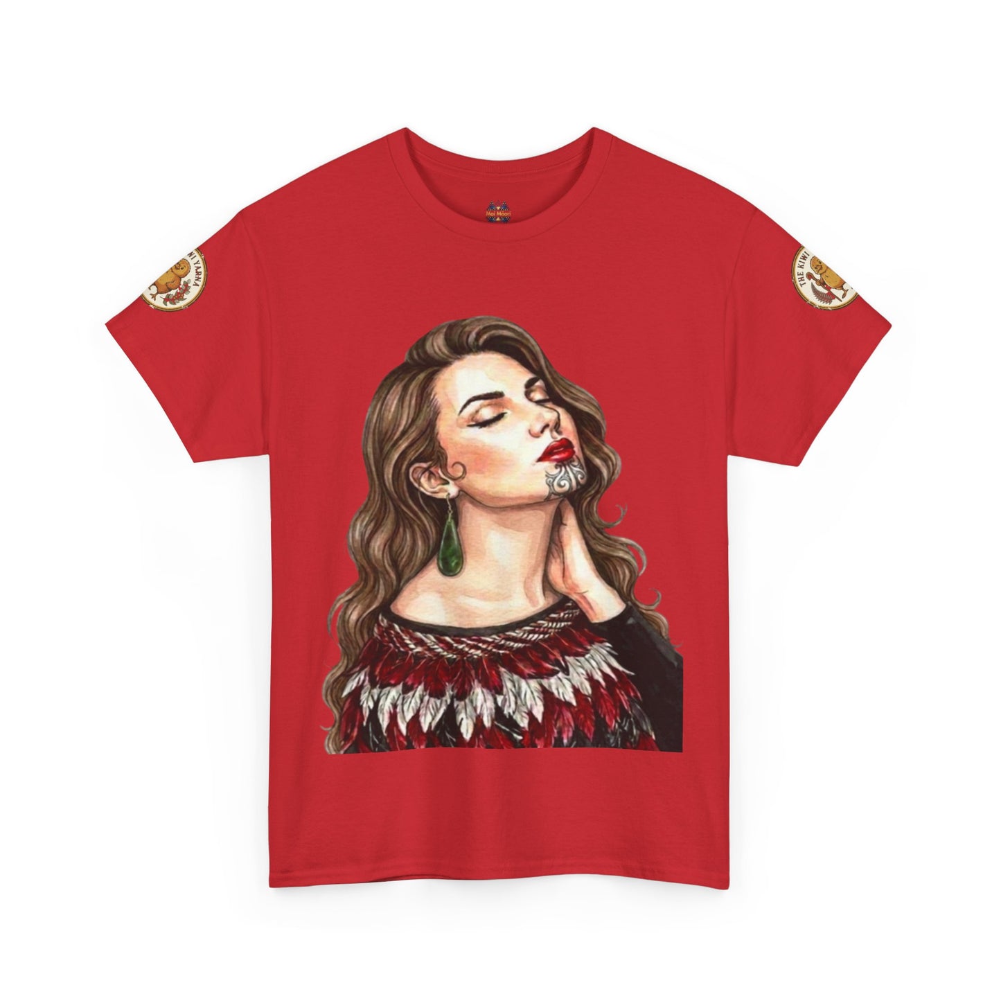 Red graphic portrait T-shirt with short sleeves and decorative sleeve patches
