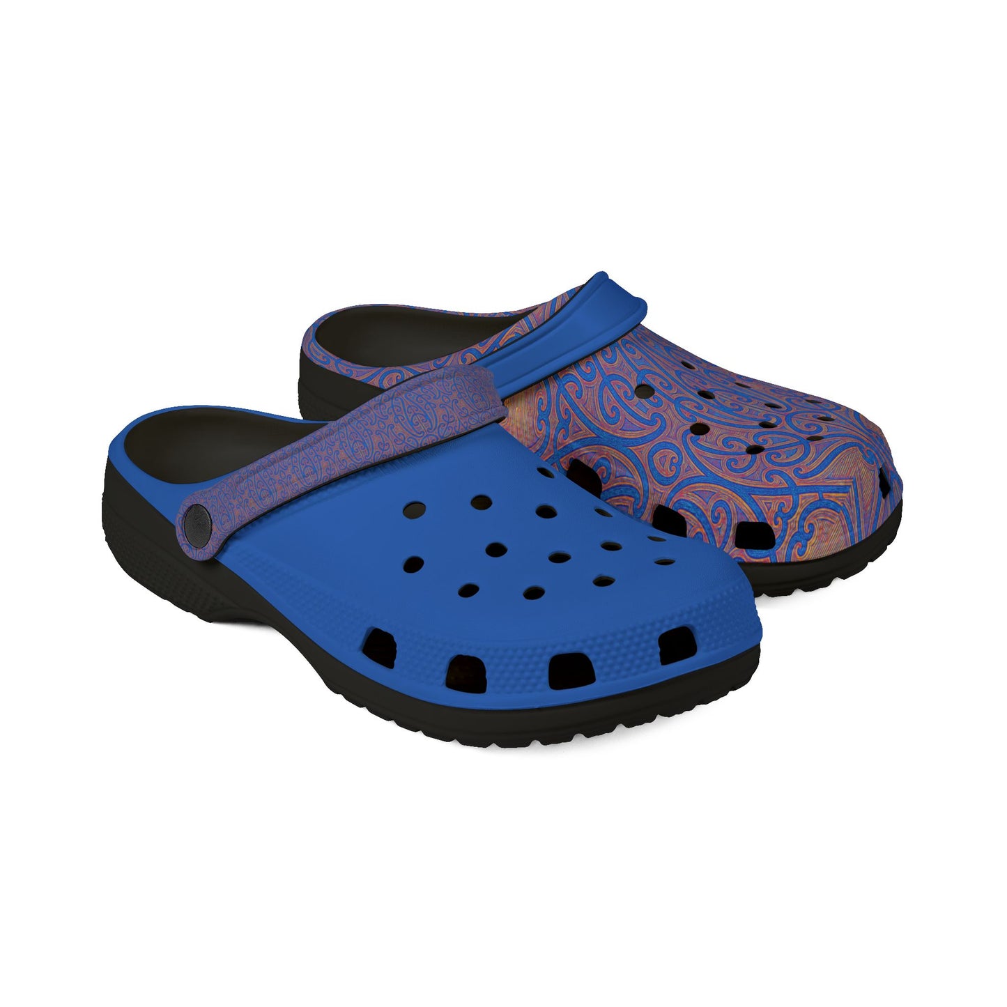 Blue croc-style clogs with purple pattern, vent holes, and dark rubber sole.