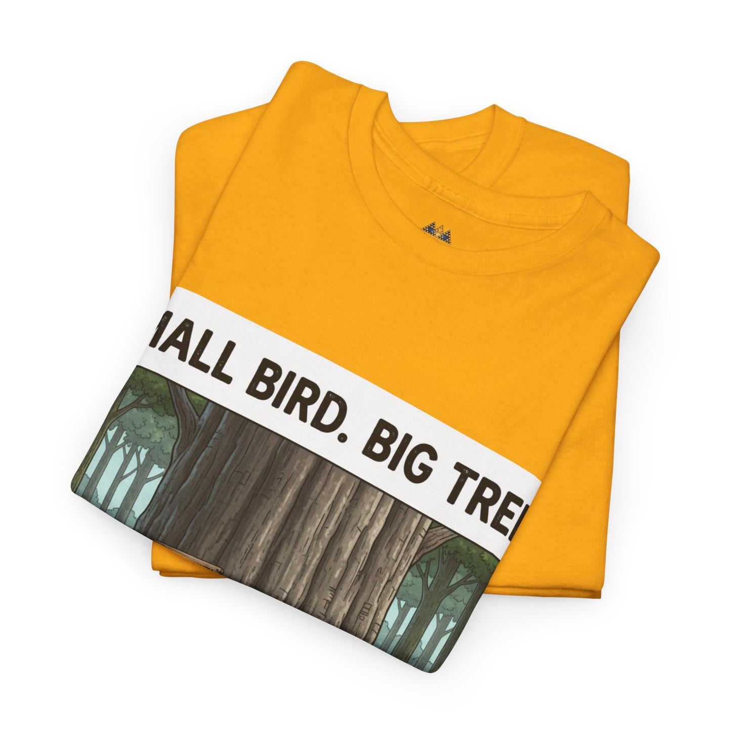 Mustard yellow graphic crewneck T-shirt with bold tree text and forest scene print
