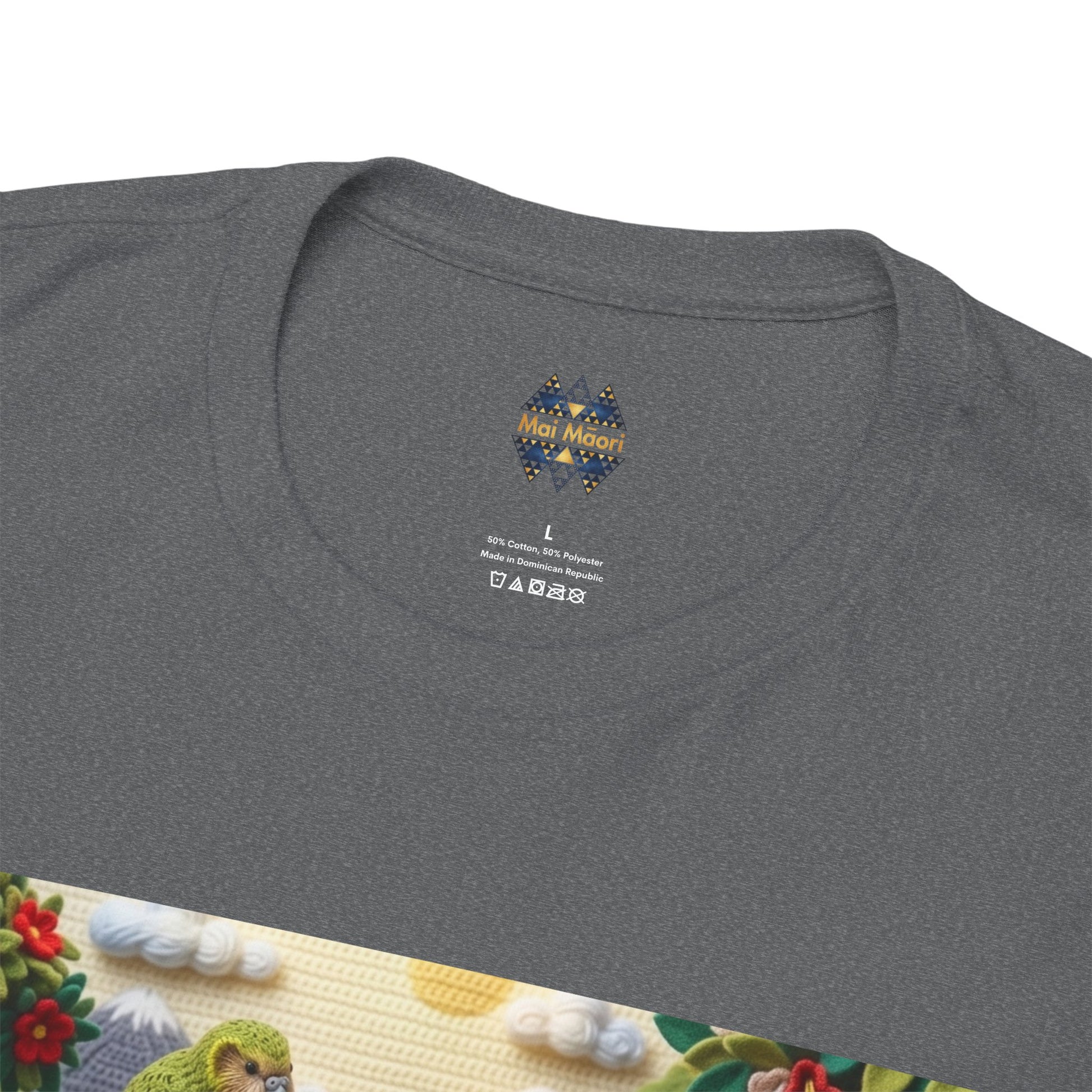 Dark gray T-shirt back with small “Mai Mai” logo at neckline and care labels