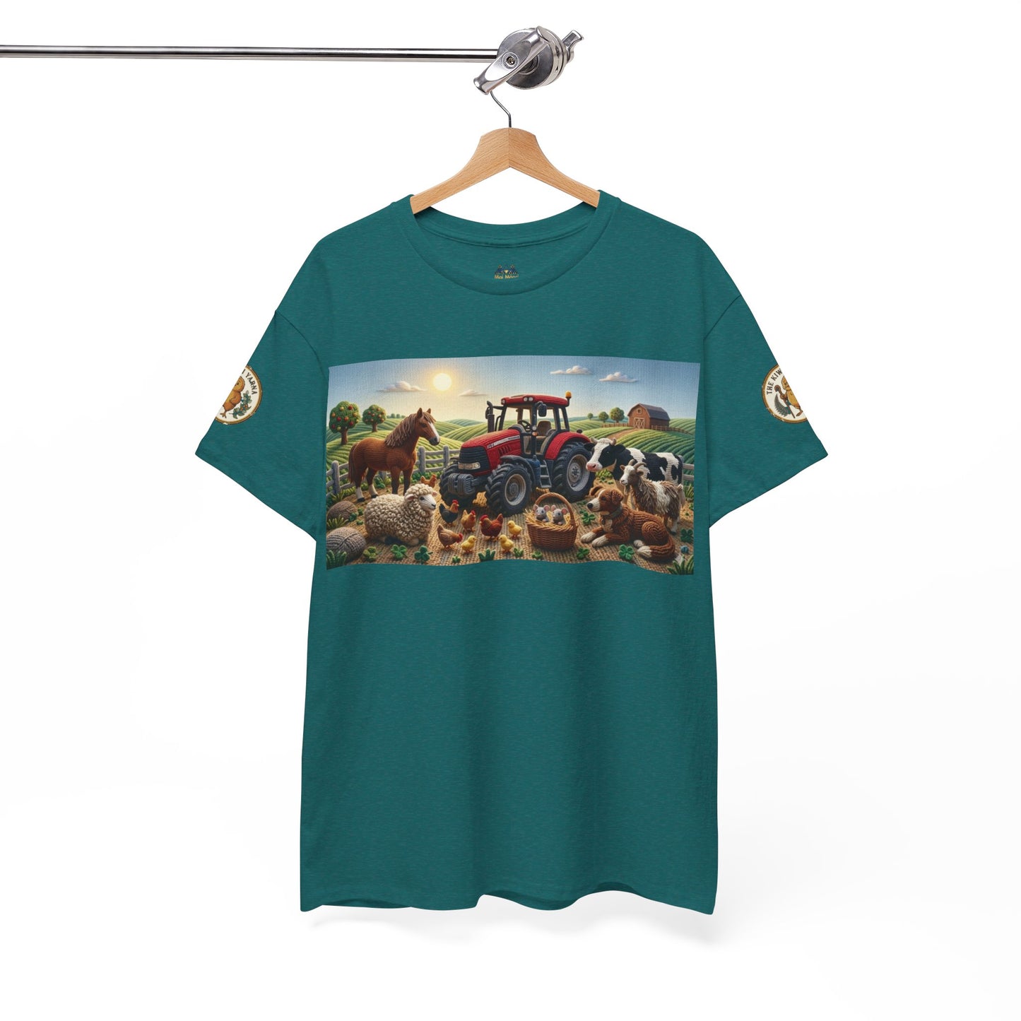 Teal T-shirt on hanger with tractor and farm animals front graphic