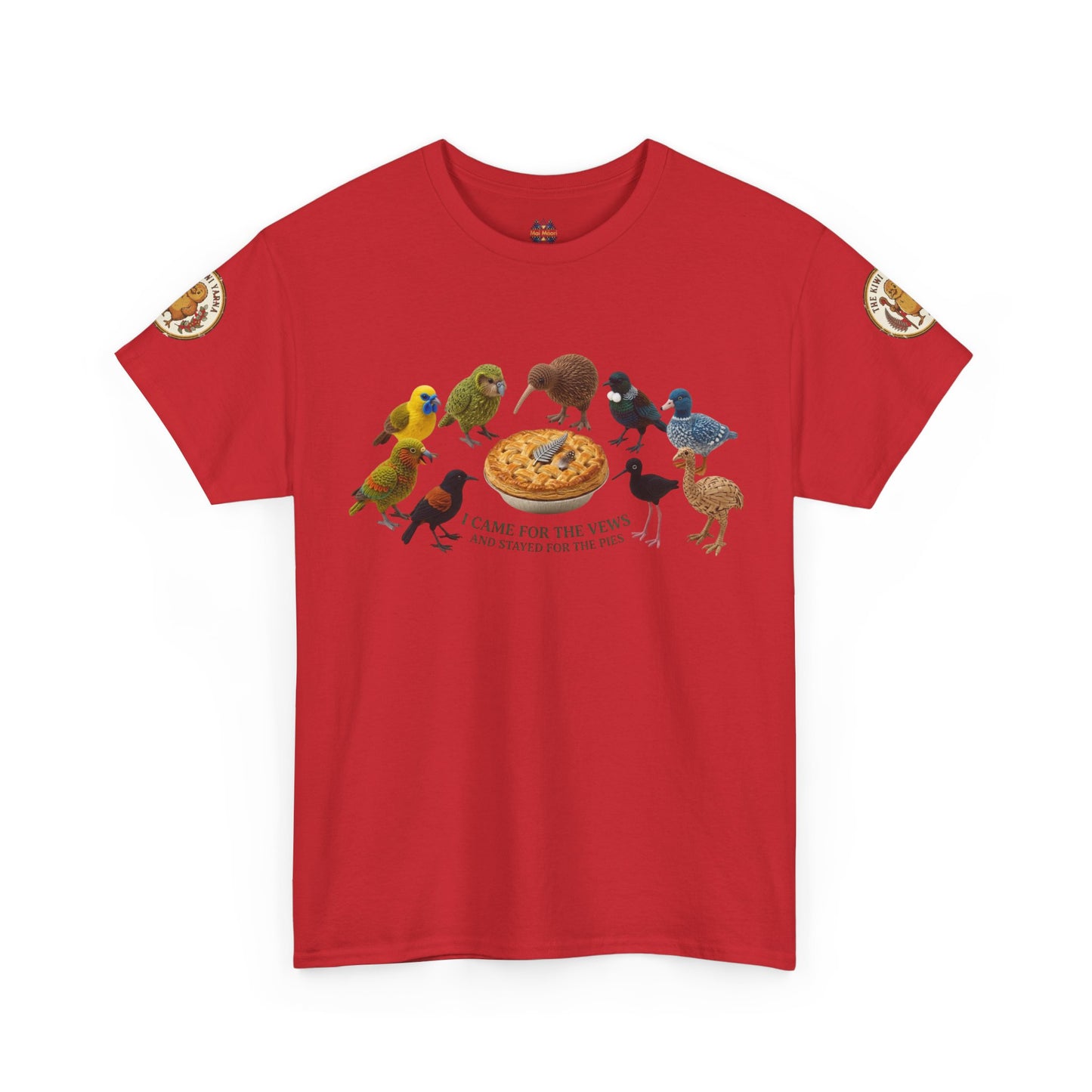 Red graphic T-shirt with crew neck and colorful bird-and-pizza design on front