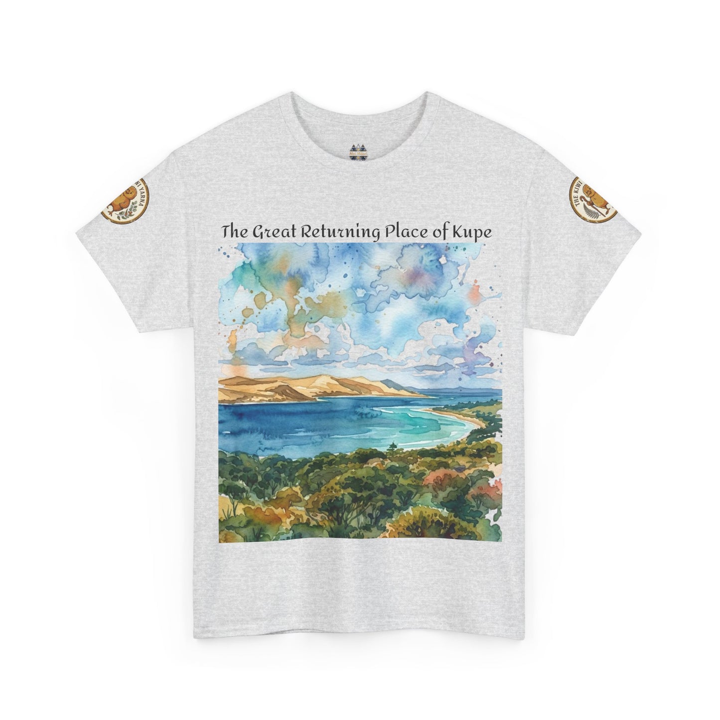 Light gray crewneck T-shirt with watercolor shoreline landscape graphic and sleeve badges