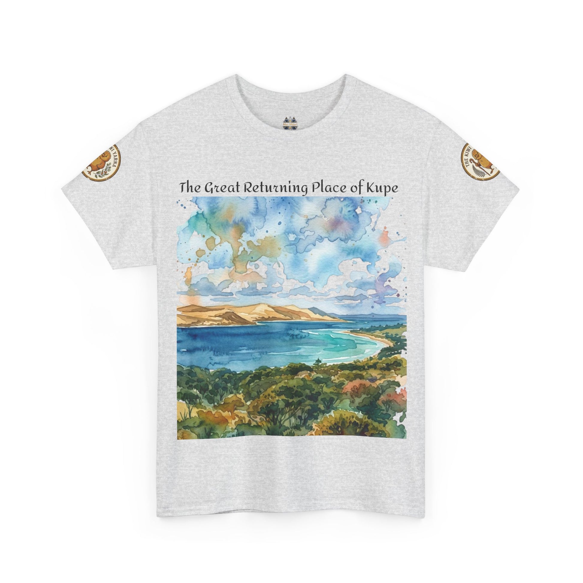 Light gray crewneck T-shirt with watercolor shoreline landscape graphic and sleeve badges