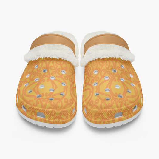 Orange patterned fuzzy-lined clogs with white shearling and tan heel strap
