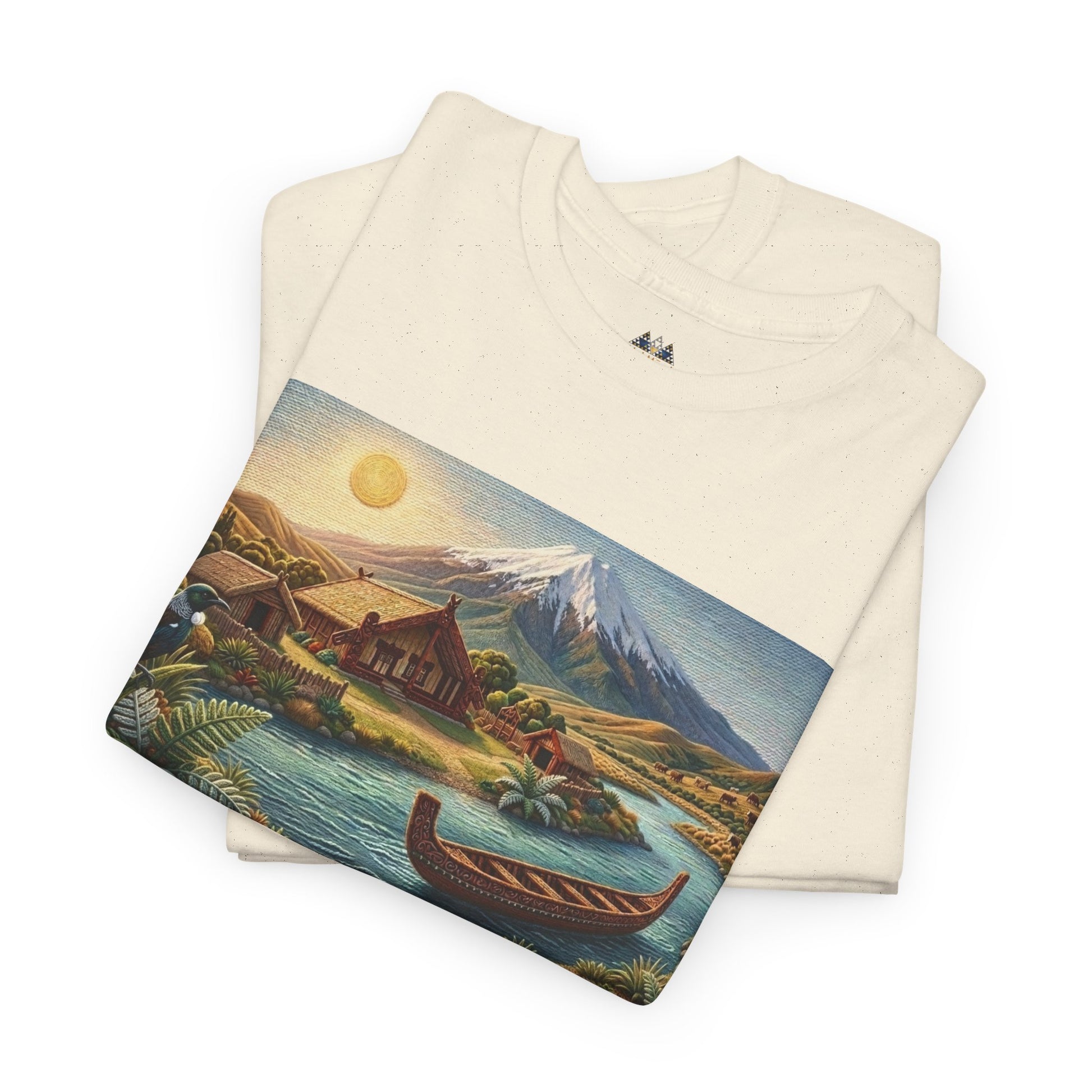 Unisex cream T-shirt with landscape graphic panel on the front.