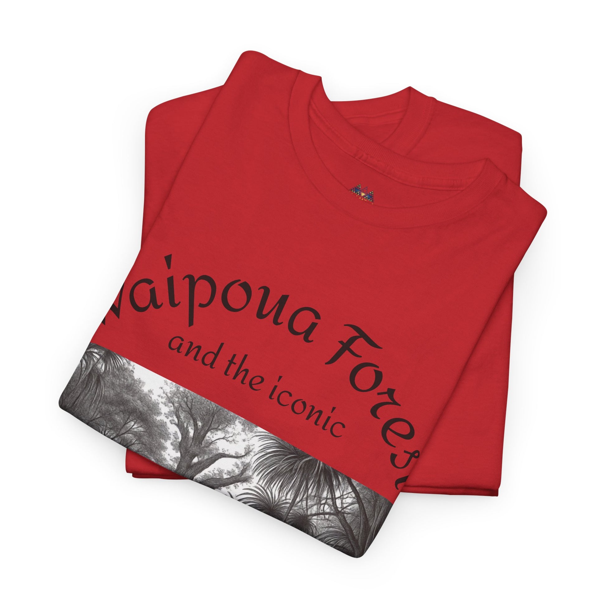 Red crewneck T-shirt with black-and-white forest graphic panel and Waipoua text