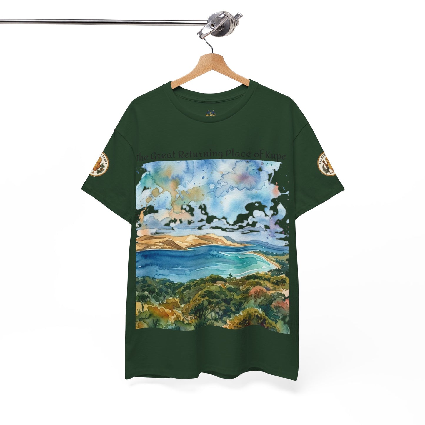 Olive green graphic T-shirt front view with blue ocean landscape panel