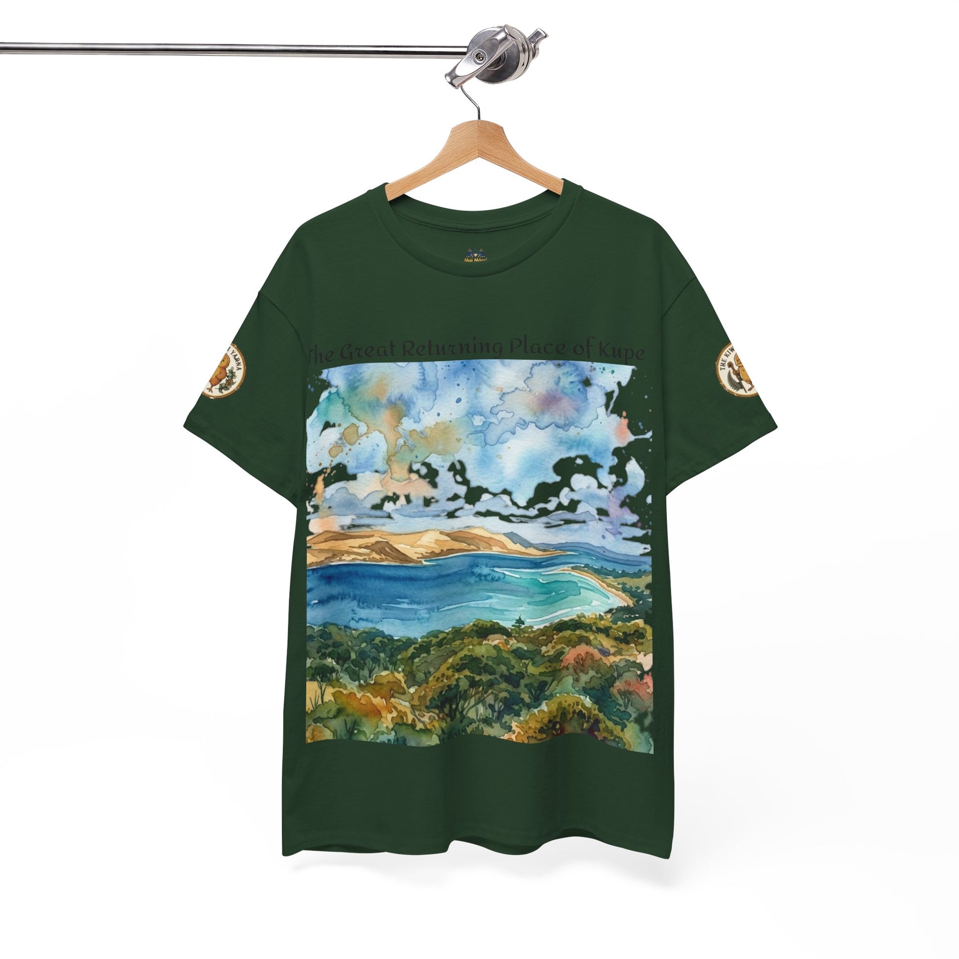 Olive green graphic T-shirt front view with blue ocean landscape panel