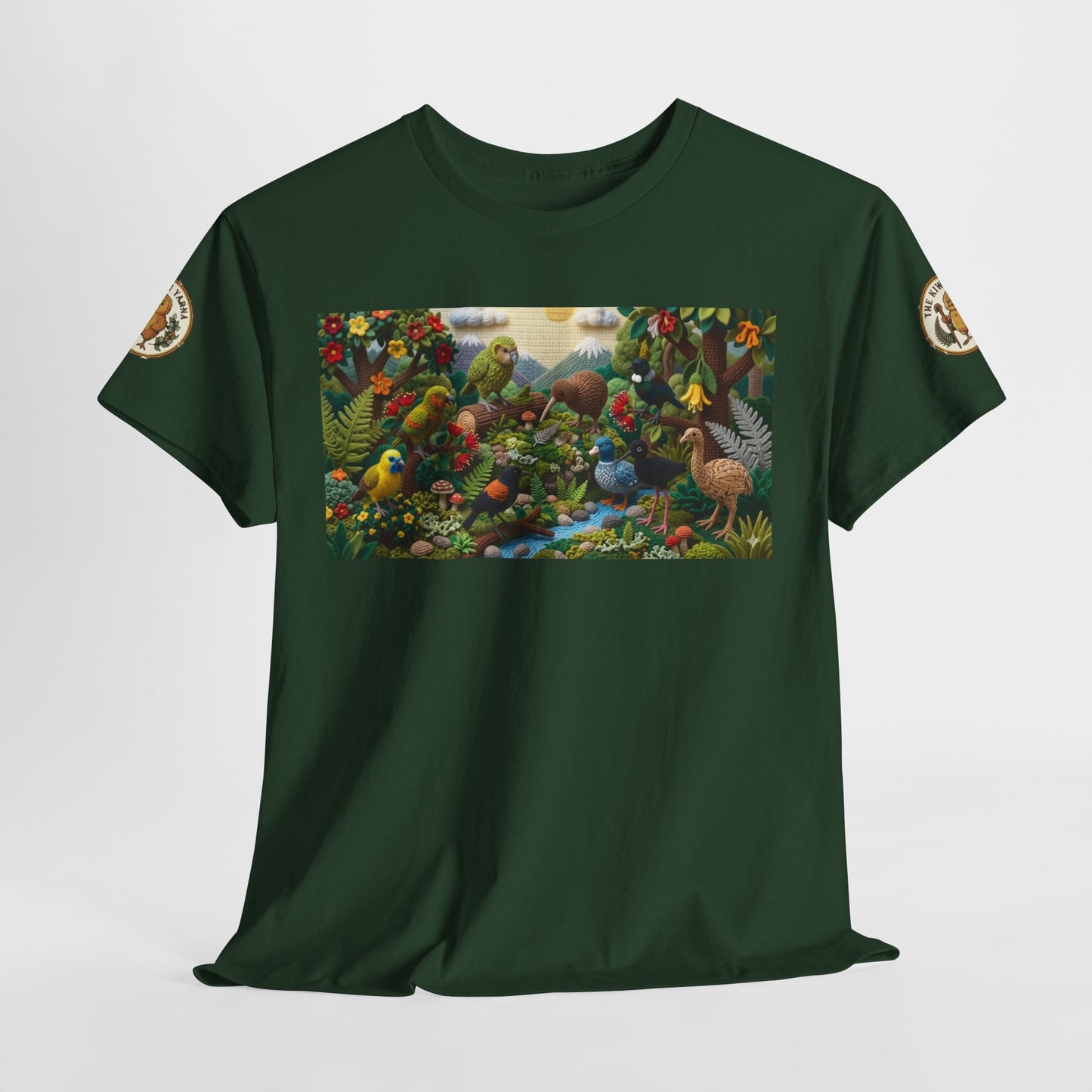 Green graphic T-shirt front view with rectangular birds-and-forest artwork