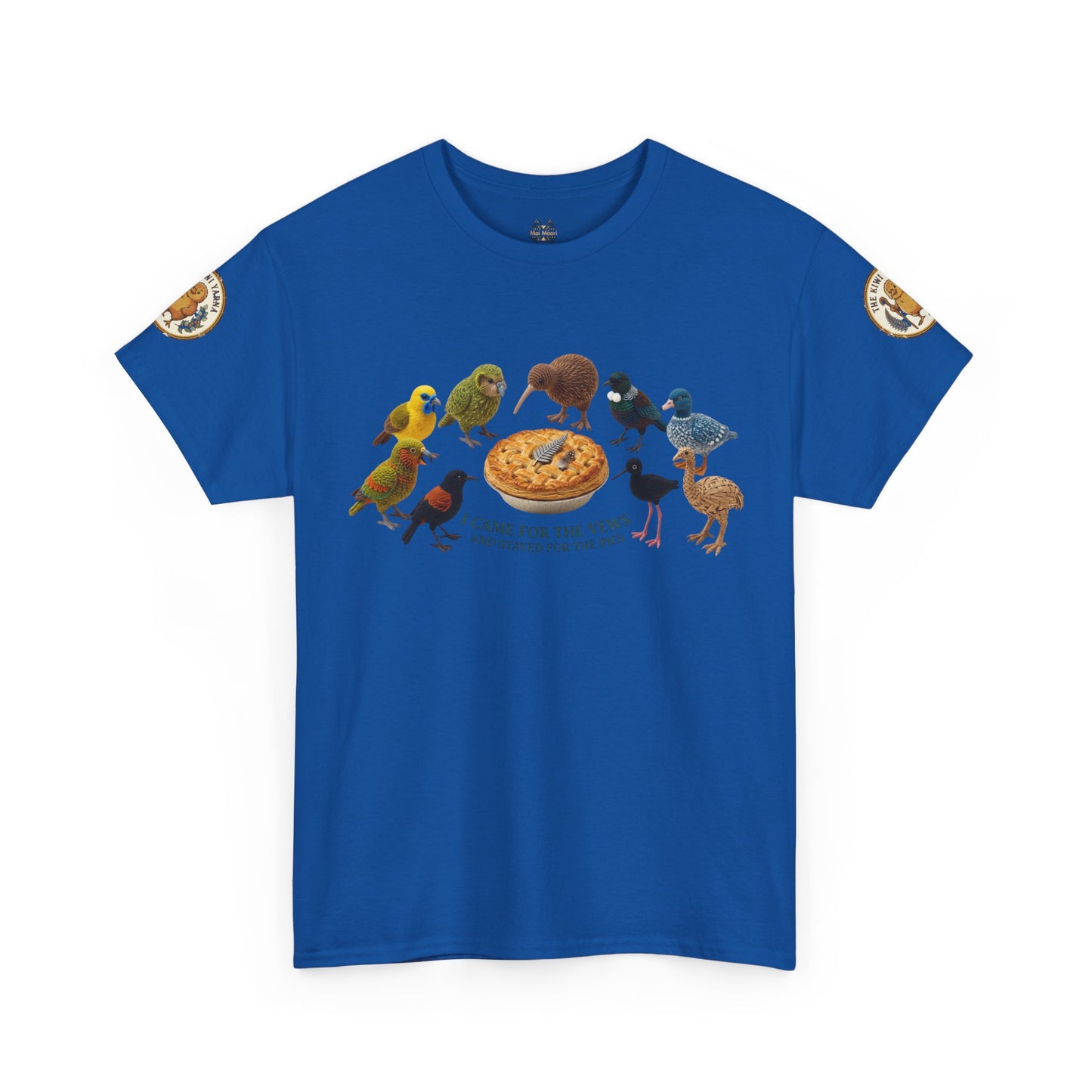 Royal blue graphic T-shirt with crew neck and colorful bird-and-pizza design on front