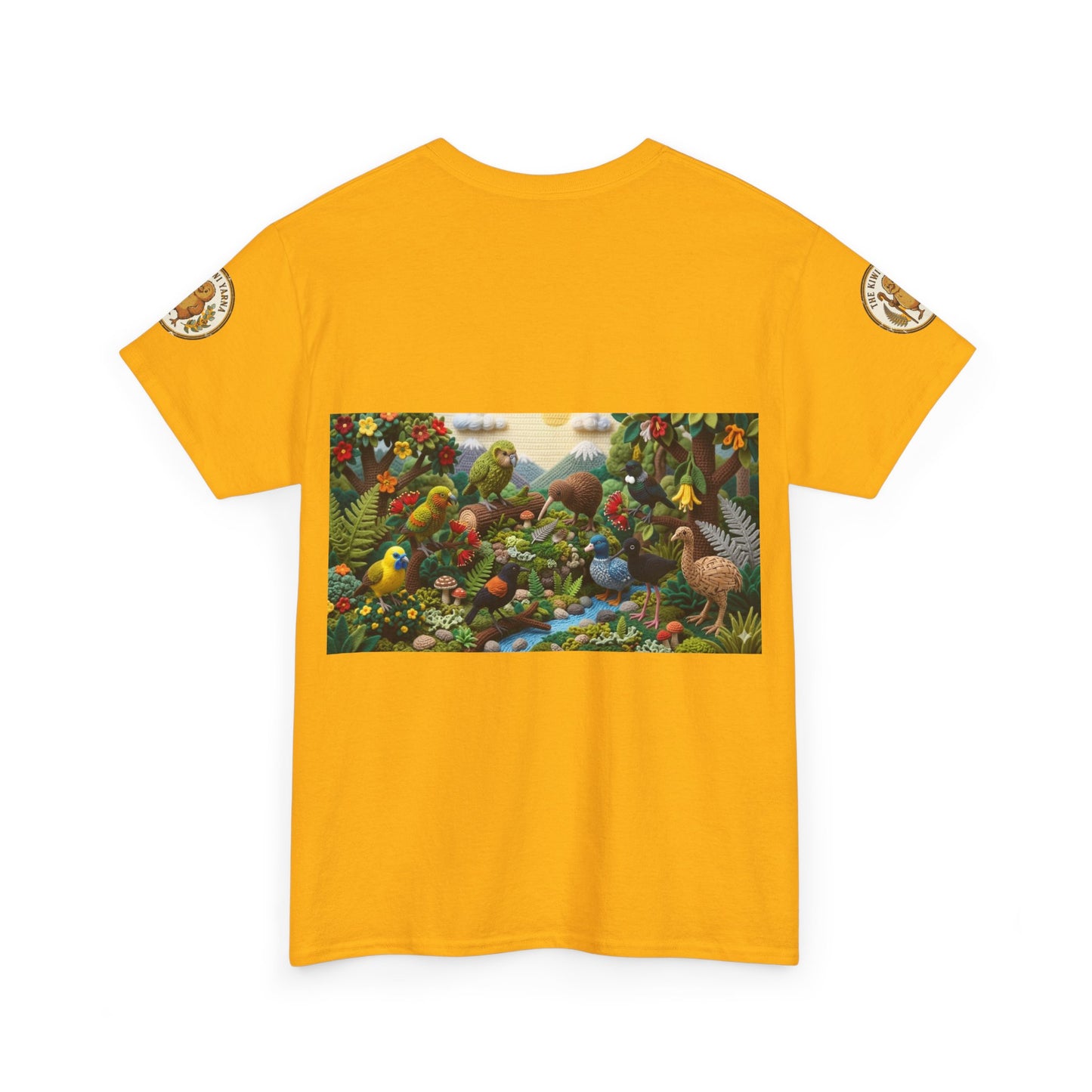 Mustard yellow short-sleeve T-shirt with colorful bird forest graphic panel