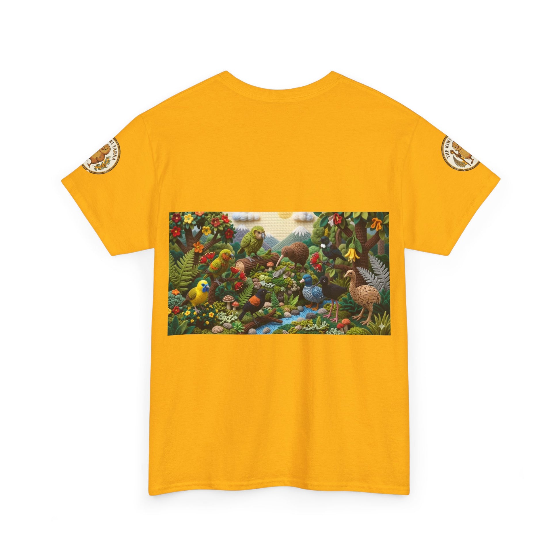 Mustard yellow short-sleeve T-shirt with colorful bird forest graphic panel