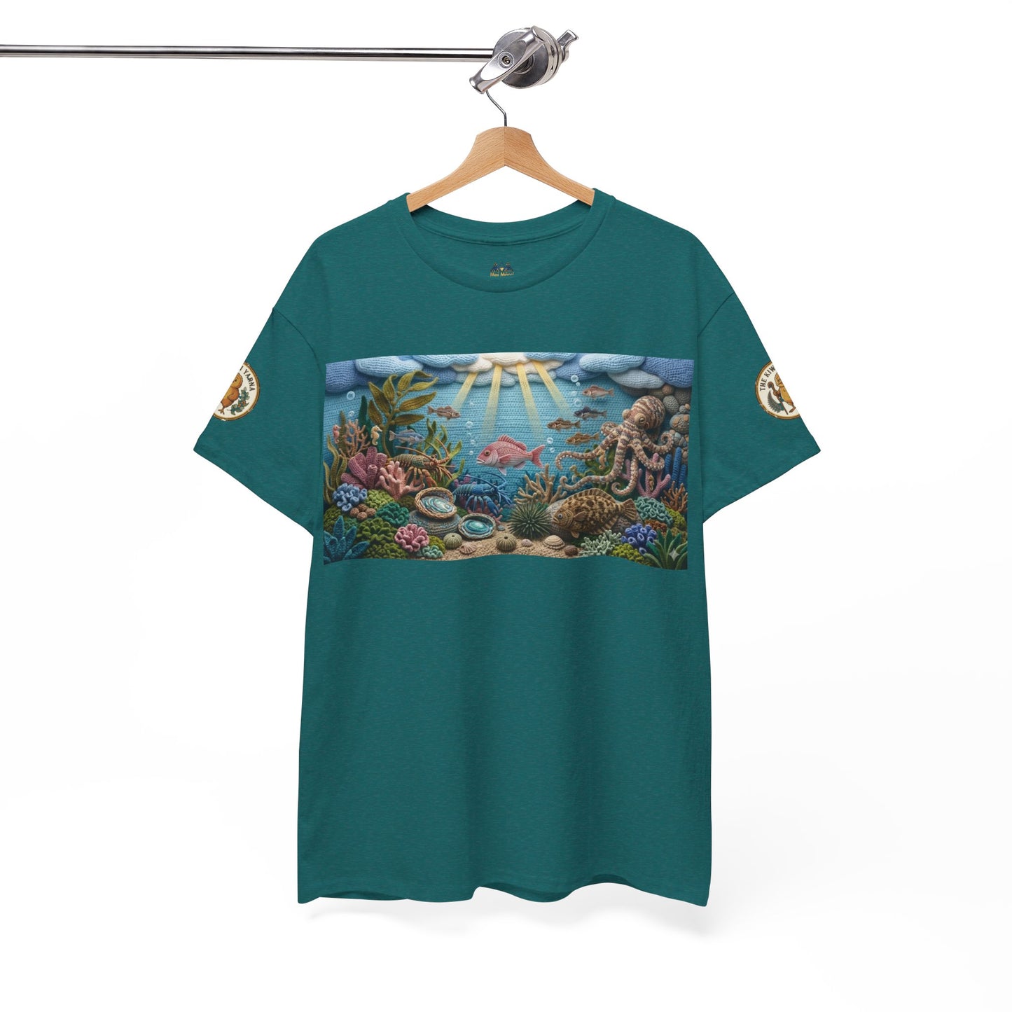 Teal short-sleeve T-shirt on a hanger, featuring undersea rectangular chest print