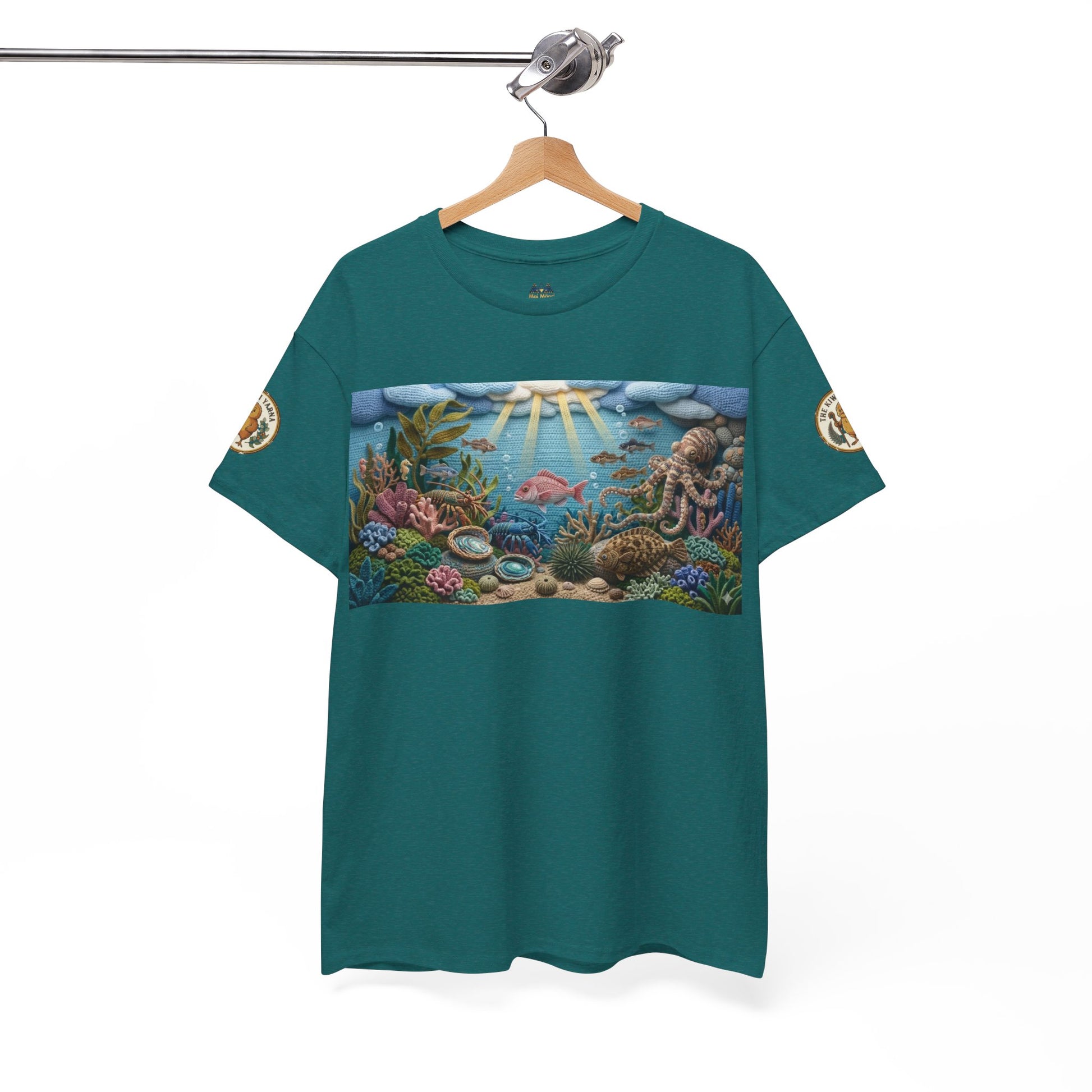 Teal short-sleeve T-shirt on a hanger, featuring undersea rectangular chest print
