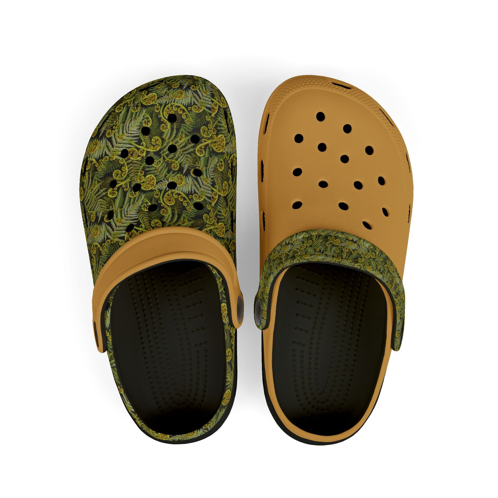Pair of patterned clogs with tan perforated upper and dark slip-on footbeds