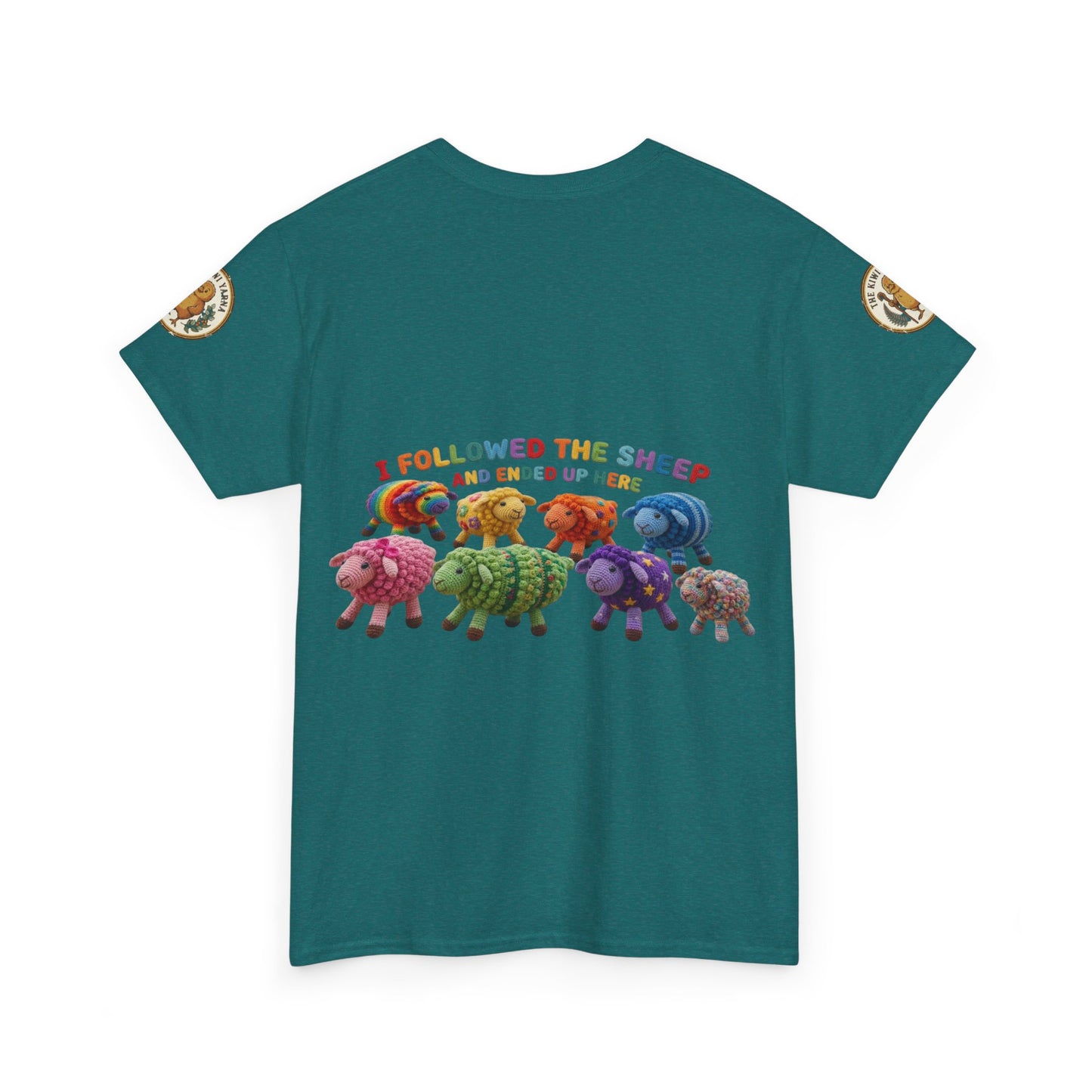 Teal graphic crewneck T-shirt with row of cartoon sheep and colorful text