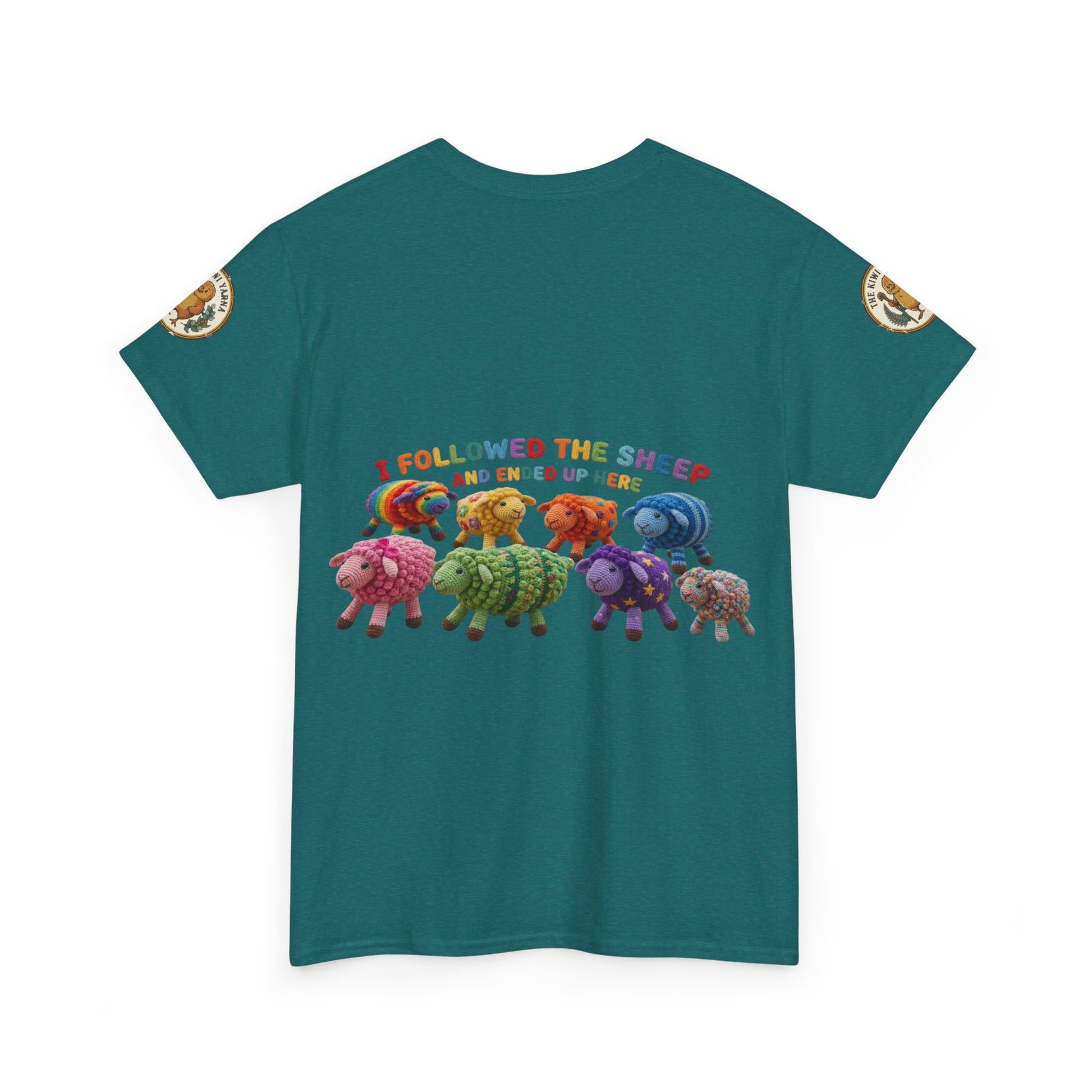 Teal graphic crewneck T-shirt with row of cartoon sheep and colorful text