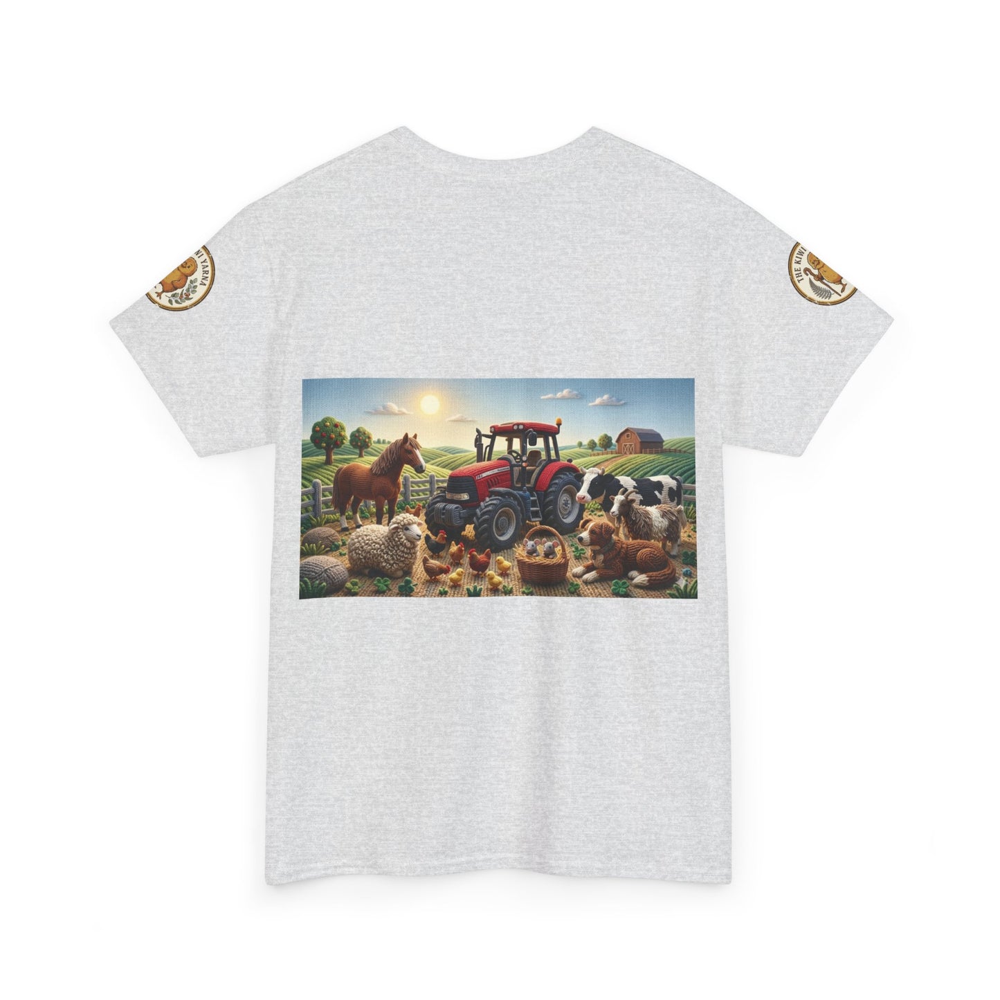 Light gray crewneck T-shirt with large farm tractor-and-animals front print and sleeve emblems