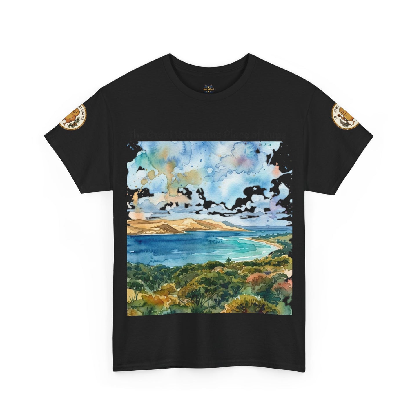 Black crewneck T-shirt with landscape print and gold sleeve patches, front view.
