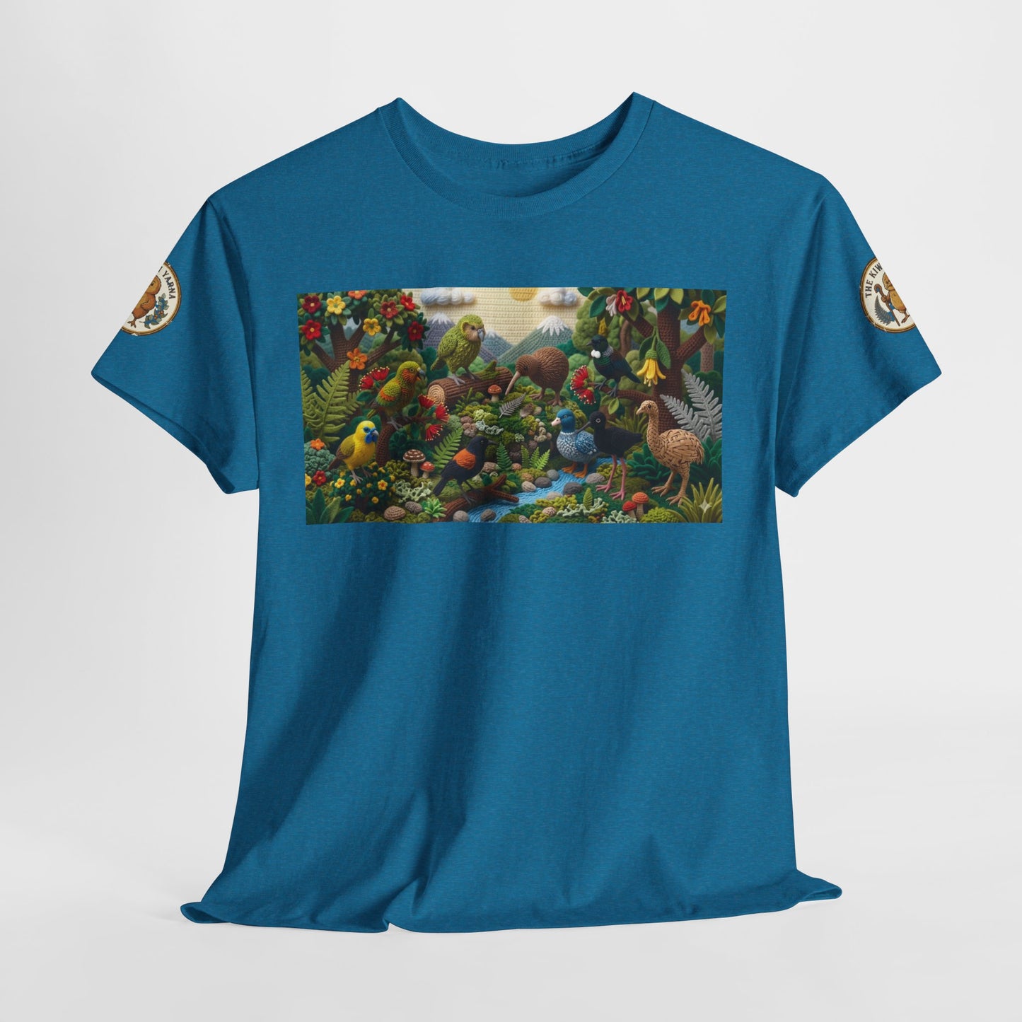 Blue crew-neck T-shirt with front rectangular bird scene print and sleeve emblems