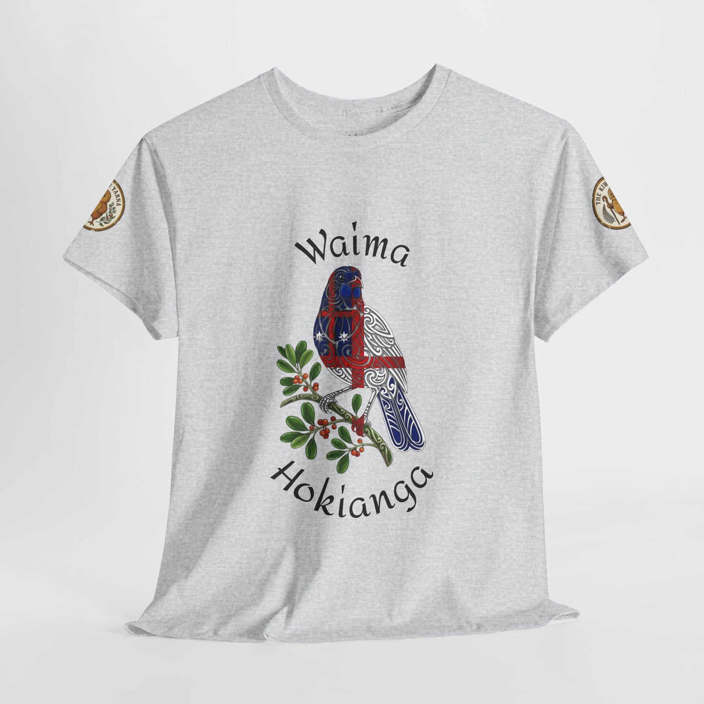 Heather gray graphic t-shirt with centered bird and floral artwork, sleeve logo patches
