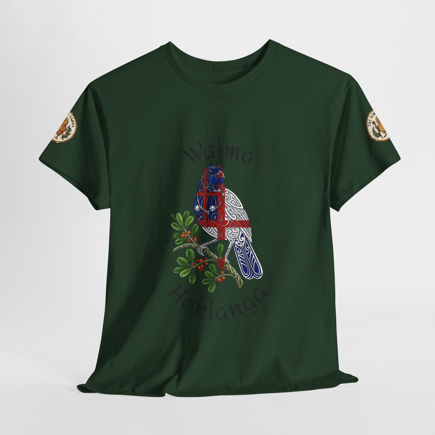 Dark green graphic T-shirt front view with bird crest and sleeve patches
