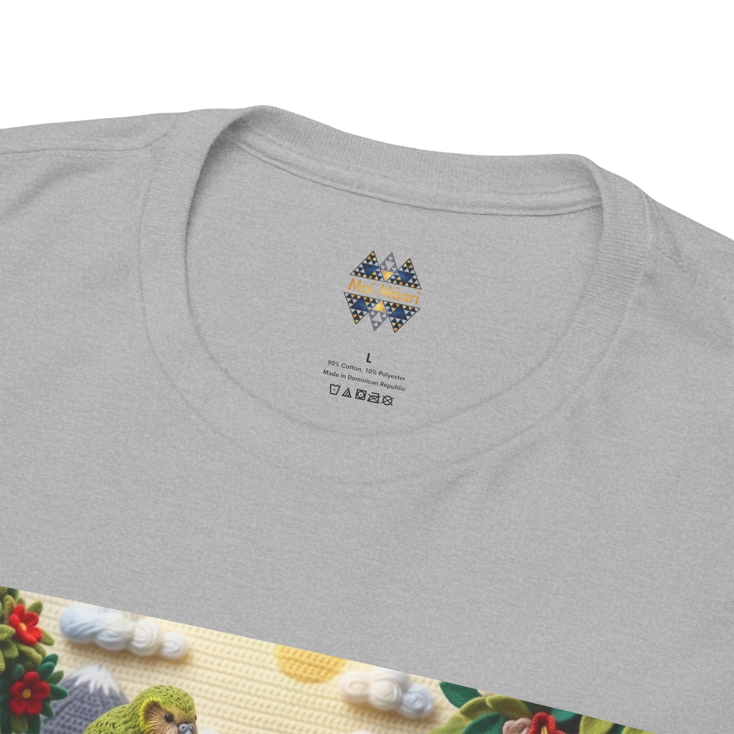 Heather gray T-shirt with small chest emblem and crew neckline